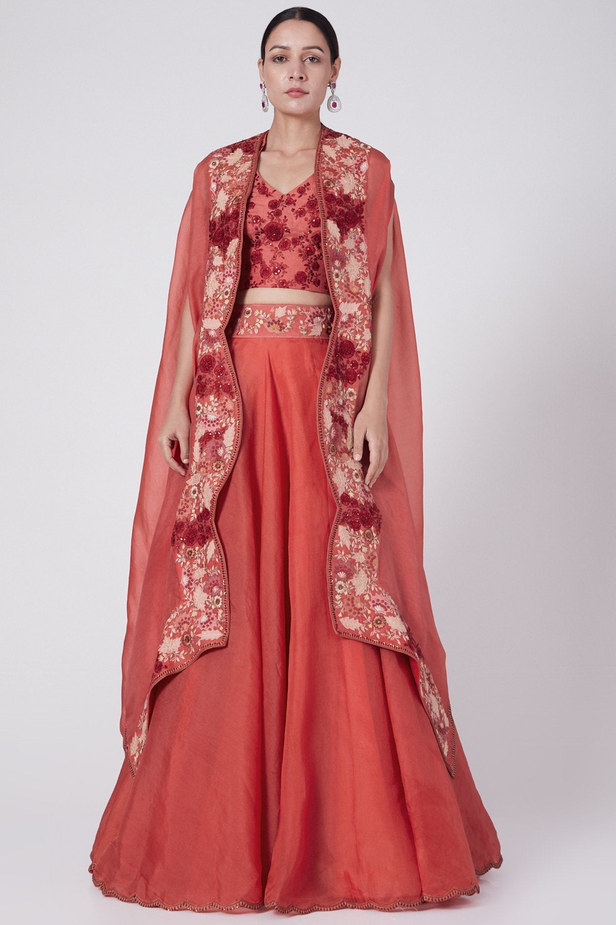 Tomato Red Embroidered Skirt Set