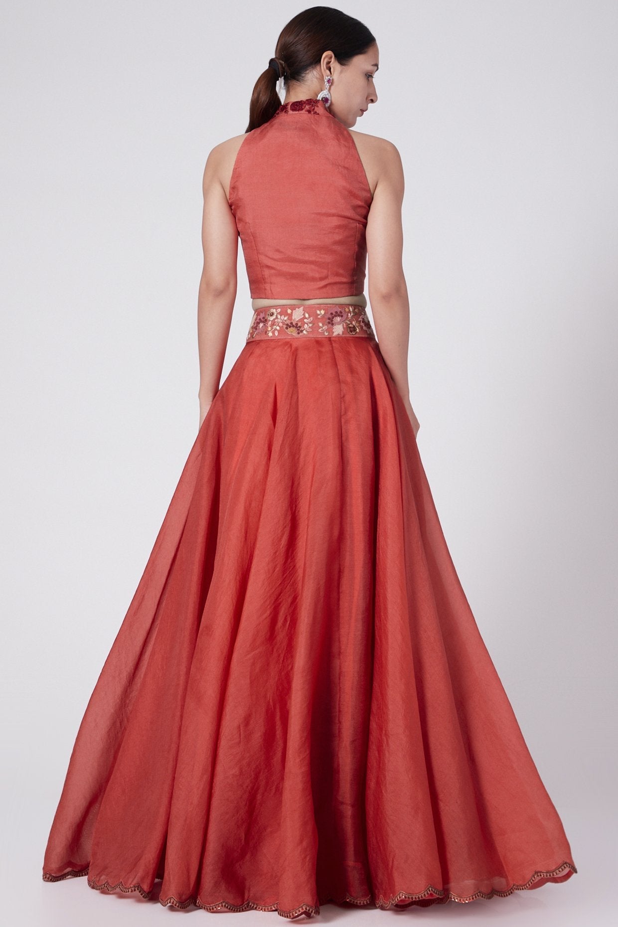 Tomato Red Embroidered Skirt Set