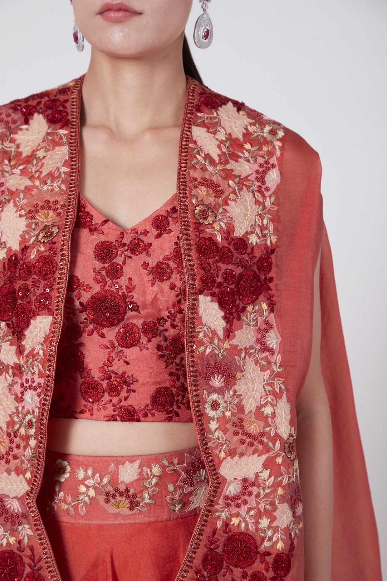 Tomato Red Embroidered Skirt Set