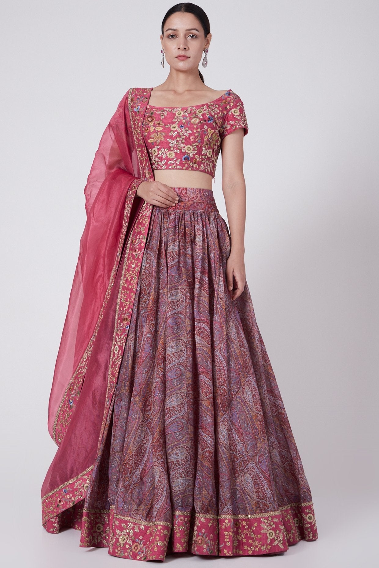 Pink Printed & Embroidered Skirt Set