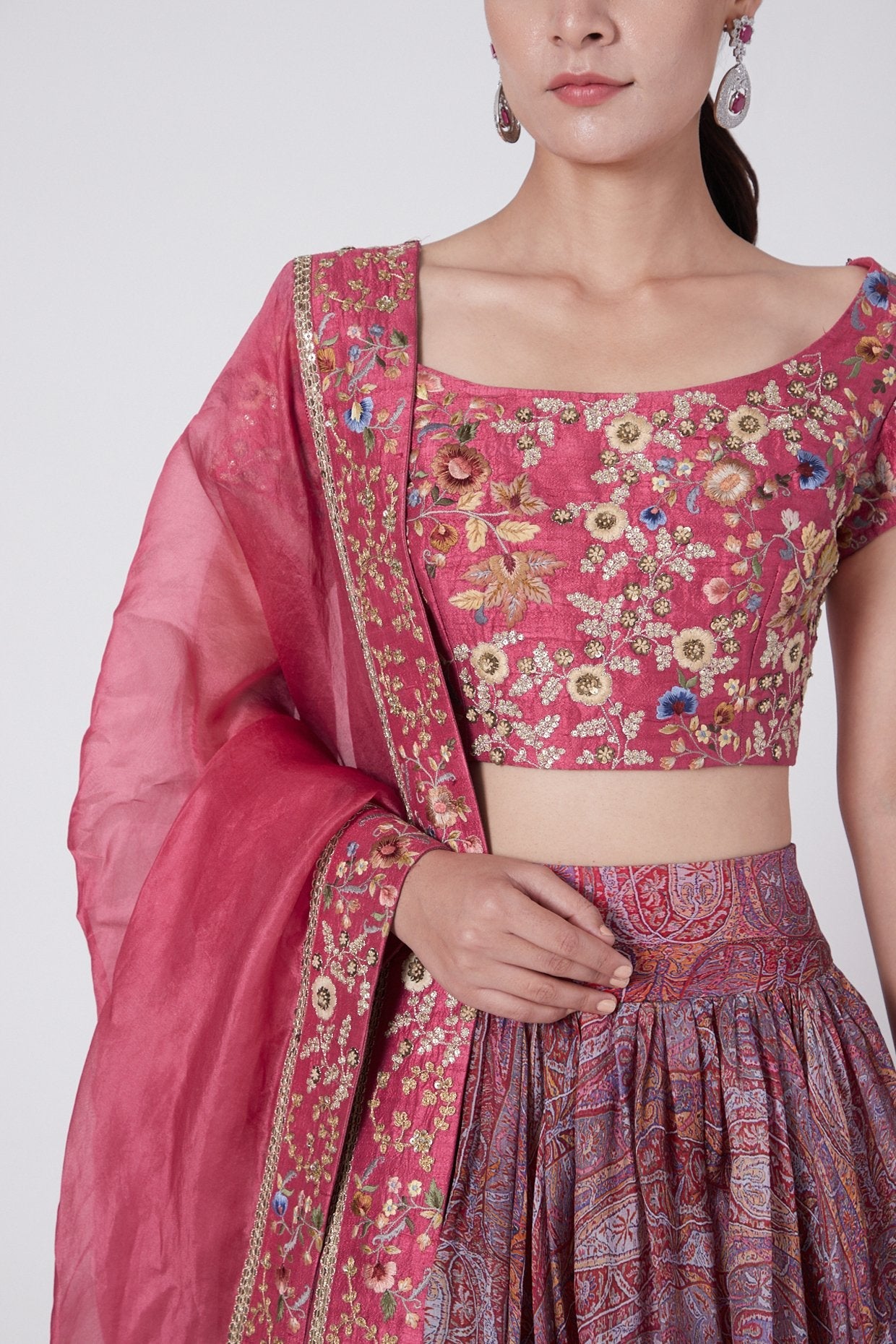 Pink Printed & Embroidered Skirt Set