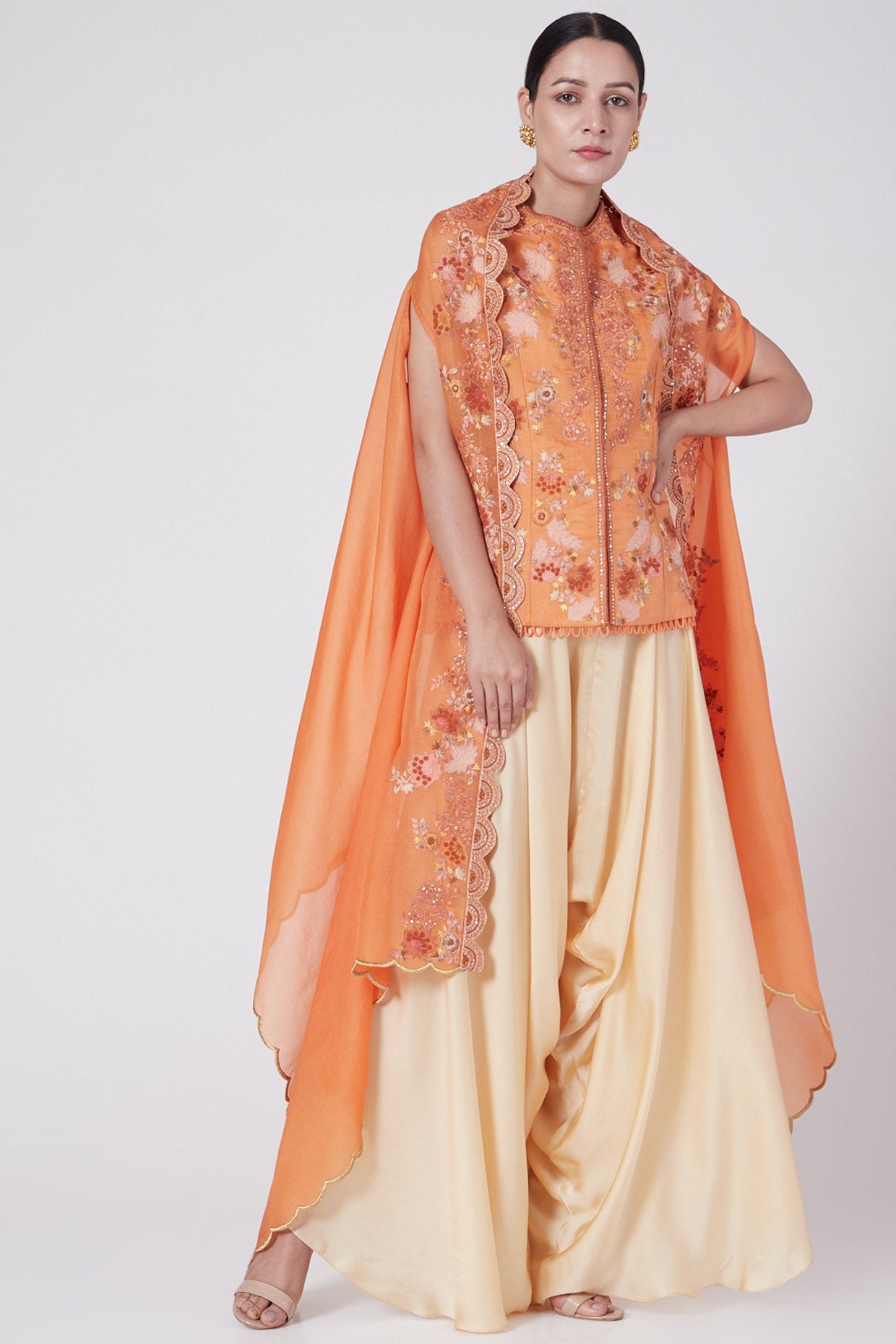 Orange Embroidered Jacket Set