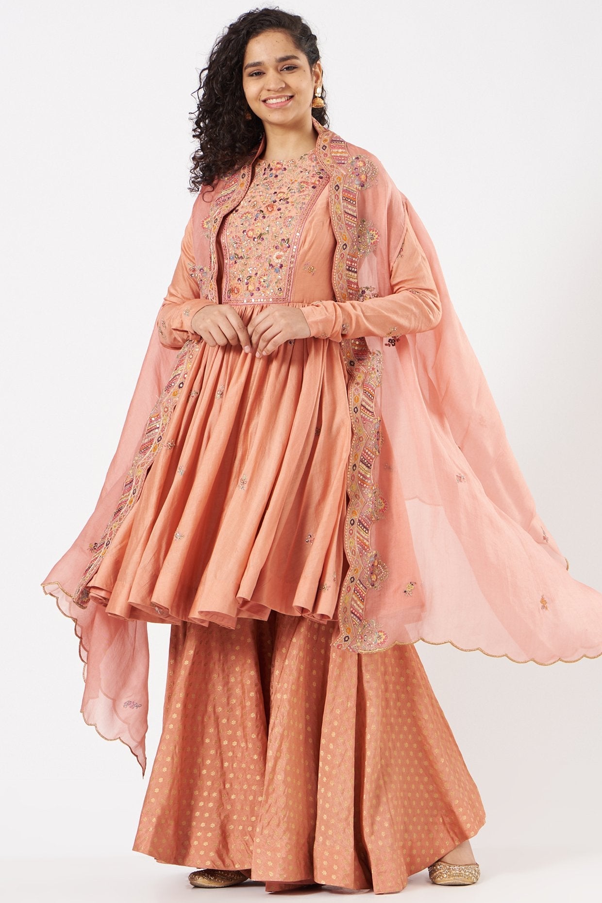Dark Peach Brocade Sharara Set