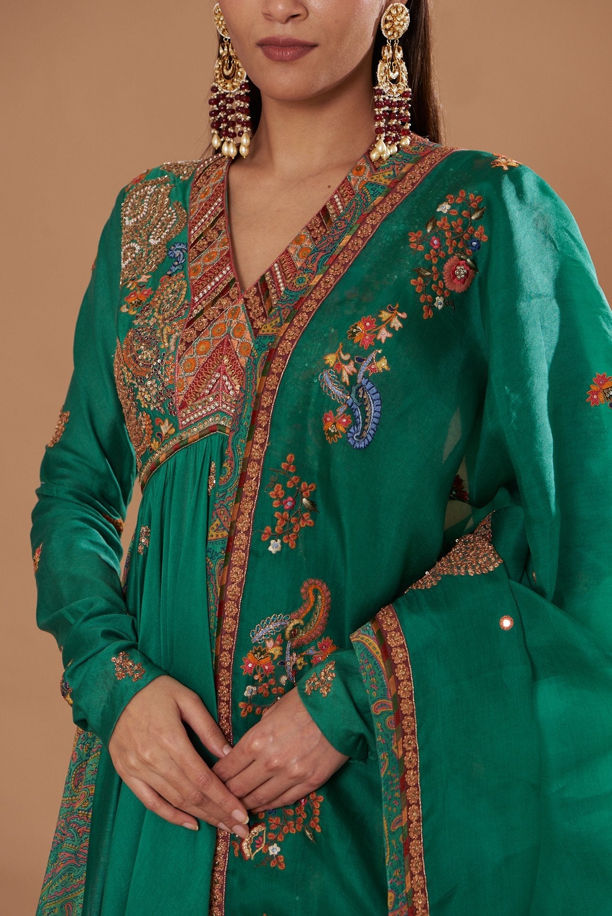 Green Chanderi Printed Kalidar Anarkali Set