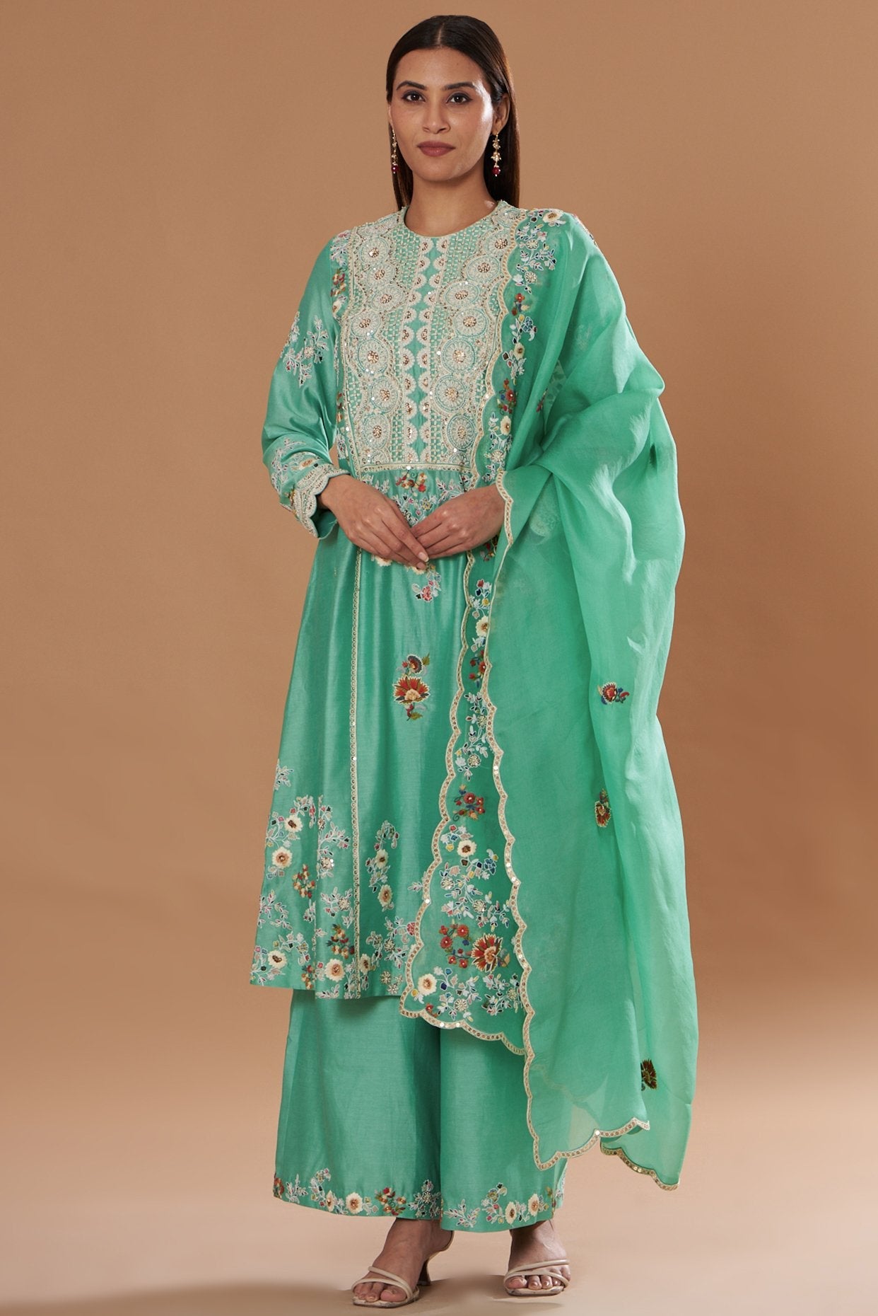 Green Chanderi Embroidered A-Line Kurta Set