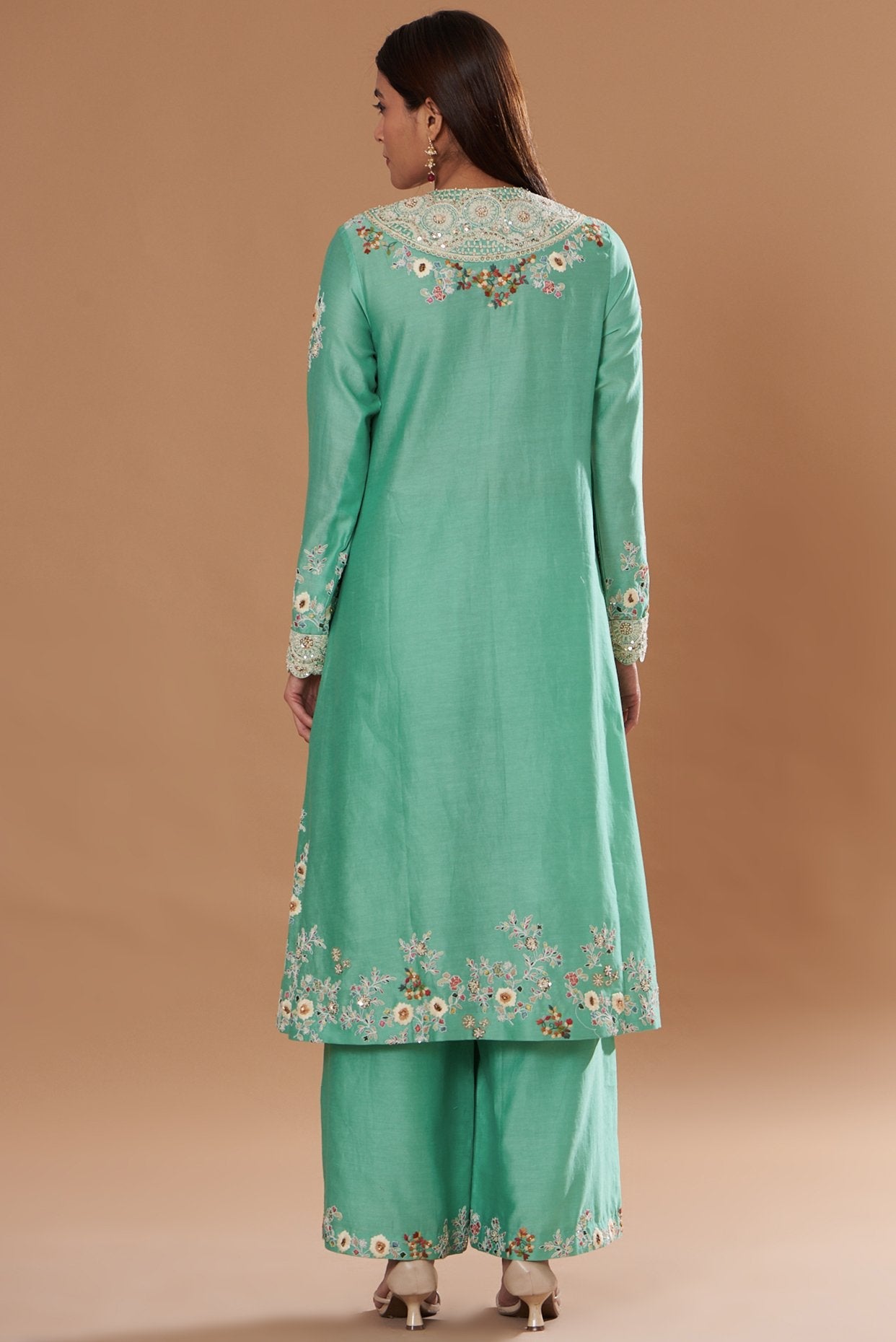 Green Chanderi Embroidered A-Line Kurta Set