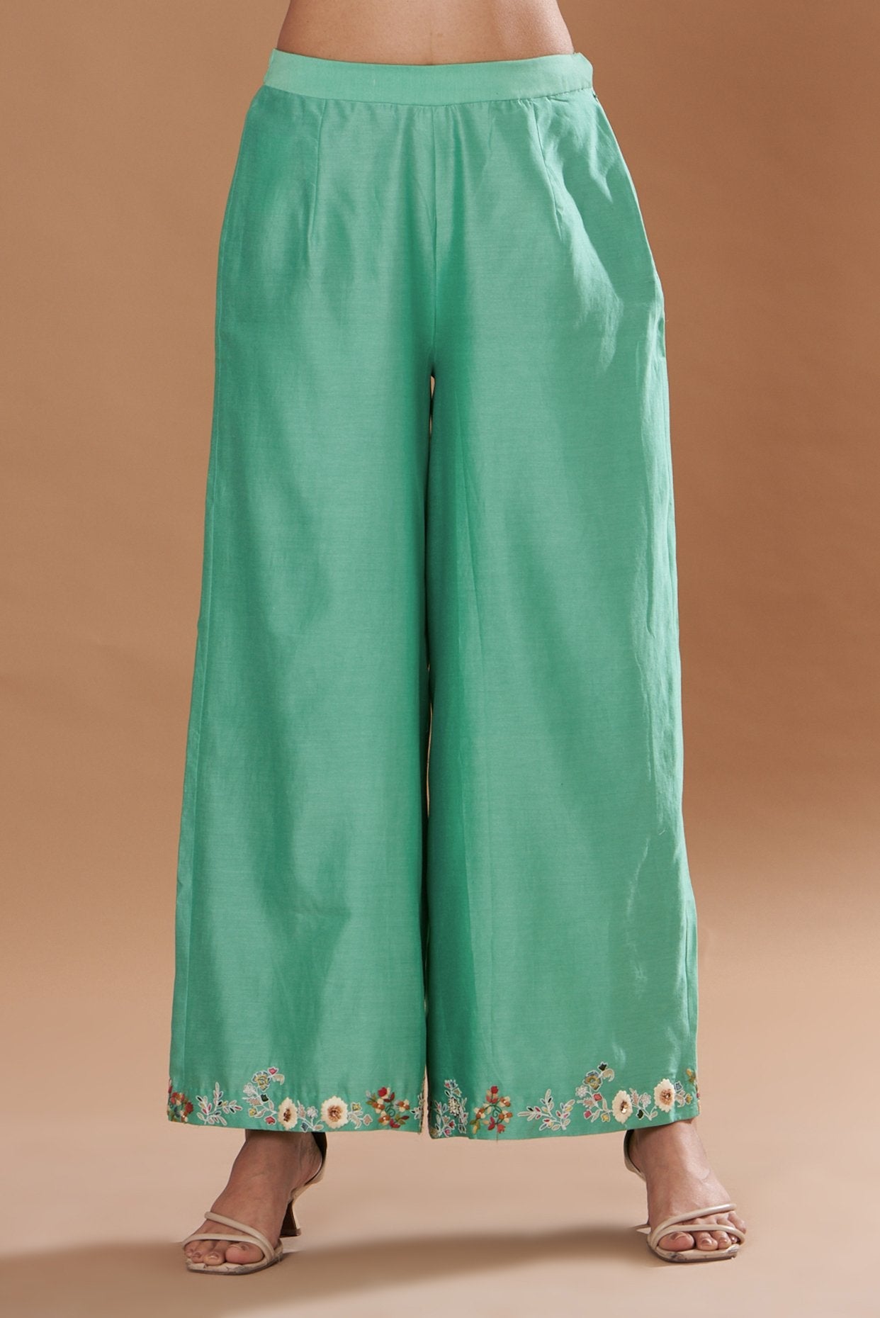 Green Chanderi Embroidered A-Line Kurta Set