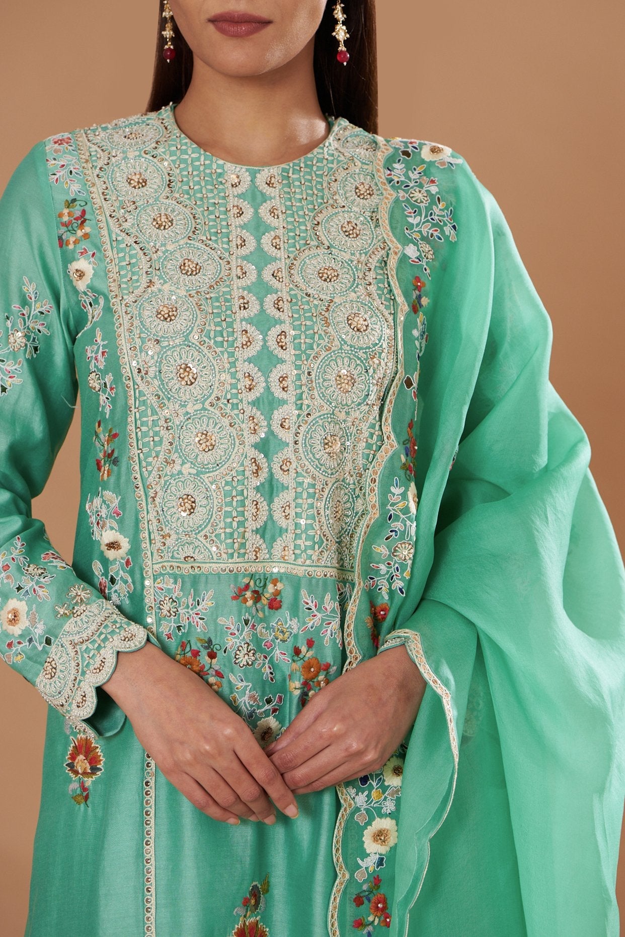 Green Chanderi Embroidered A-Line Kurta Set