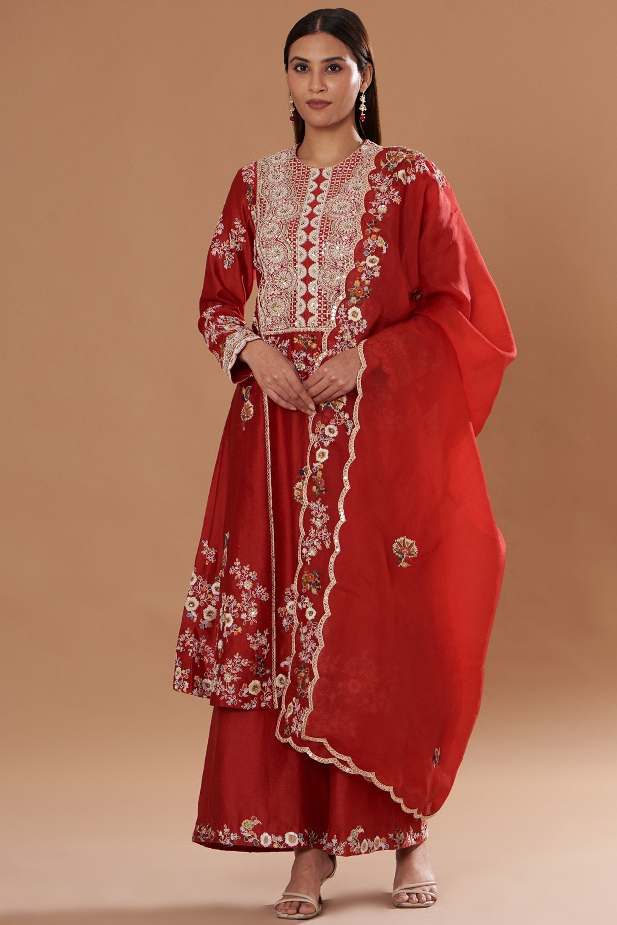Red Chanderi Embroidered A-Line Kurta Set