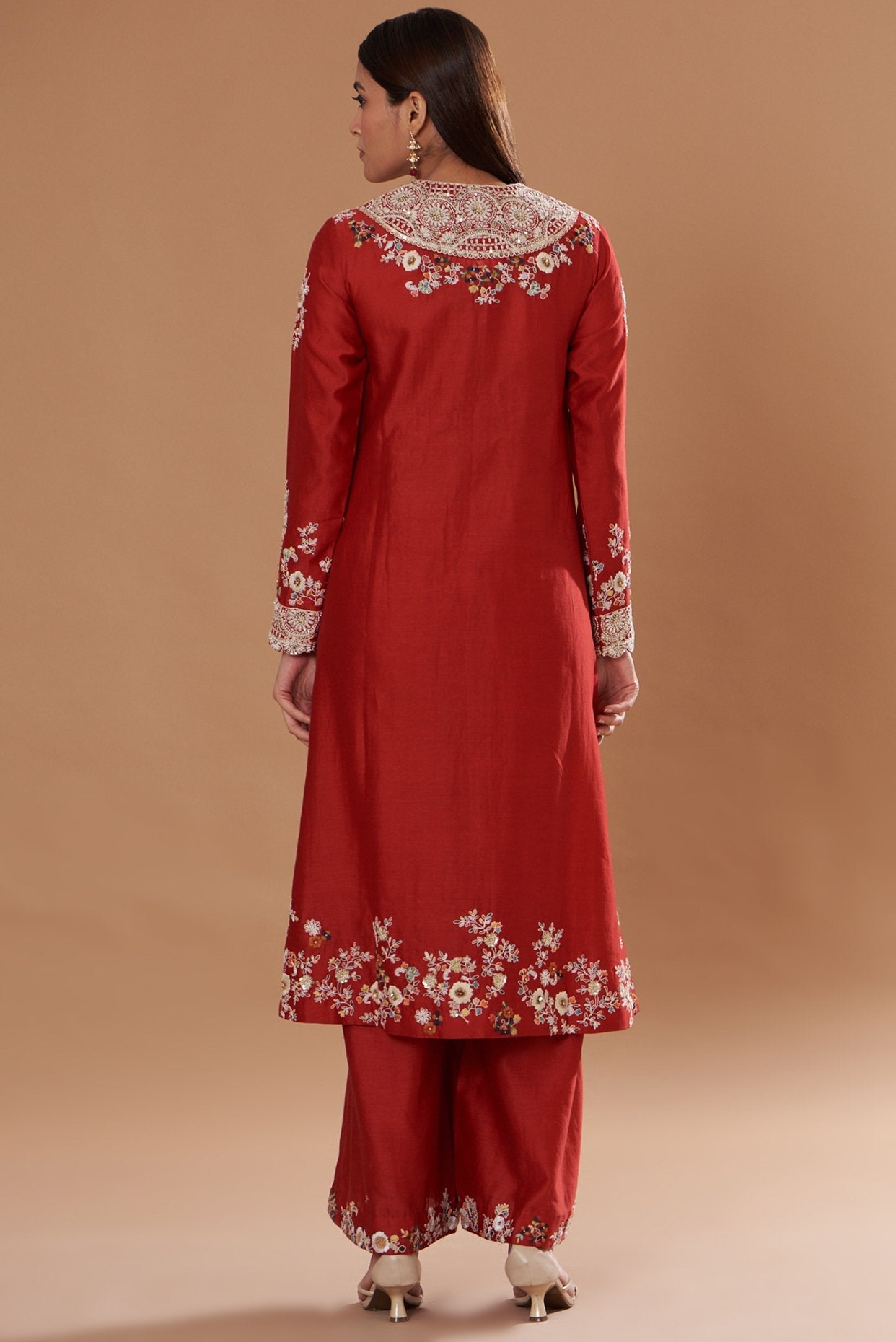 Red Chanderi Embroidered A-Line Kurta Set