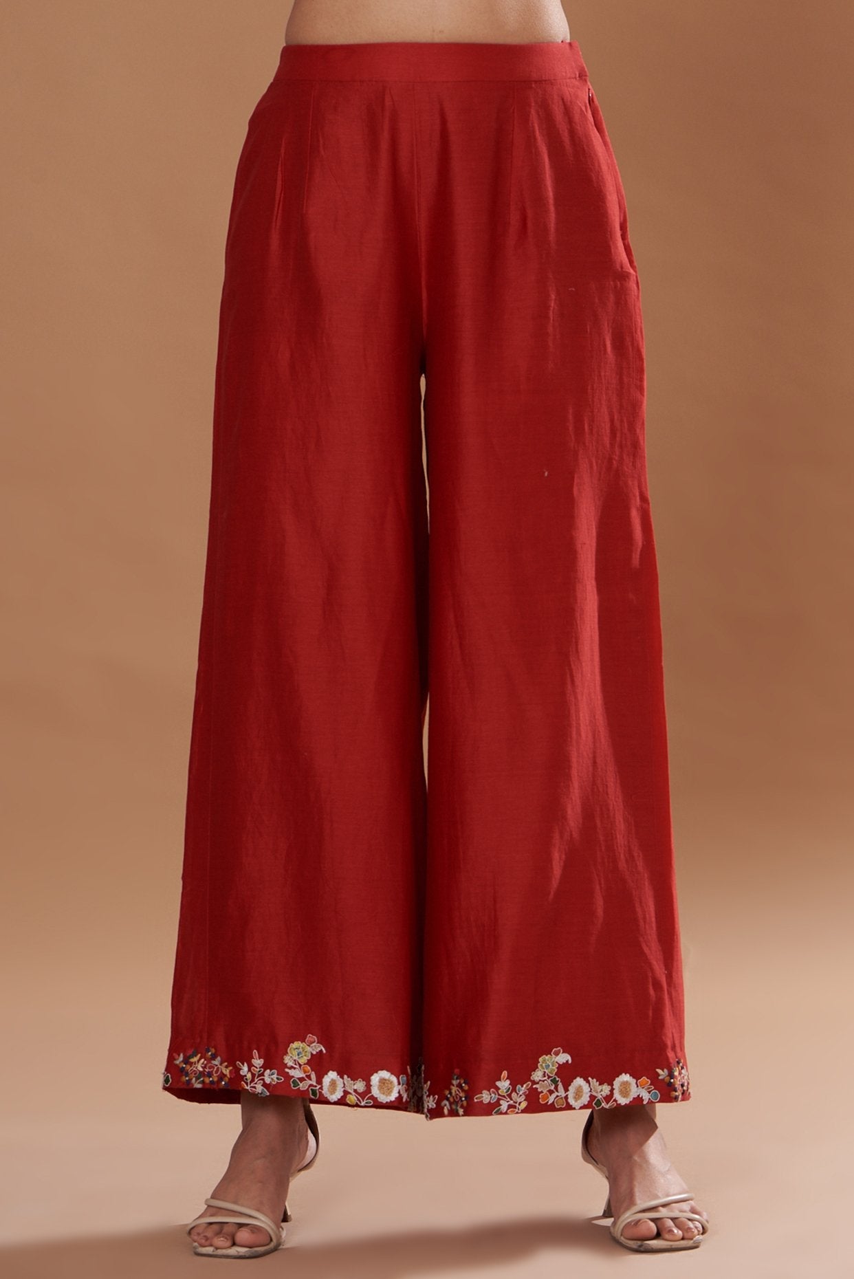 Red Chanderi Embroidered A-Line Kurta Set