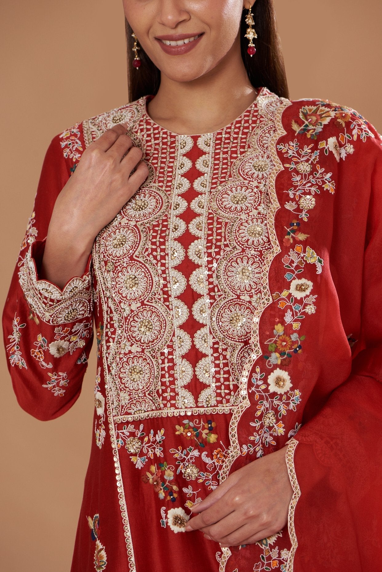 Red Chanderi Embroidered A-Line Kurta Set