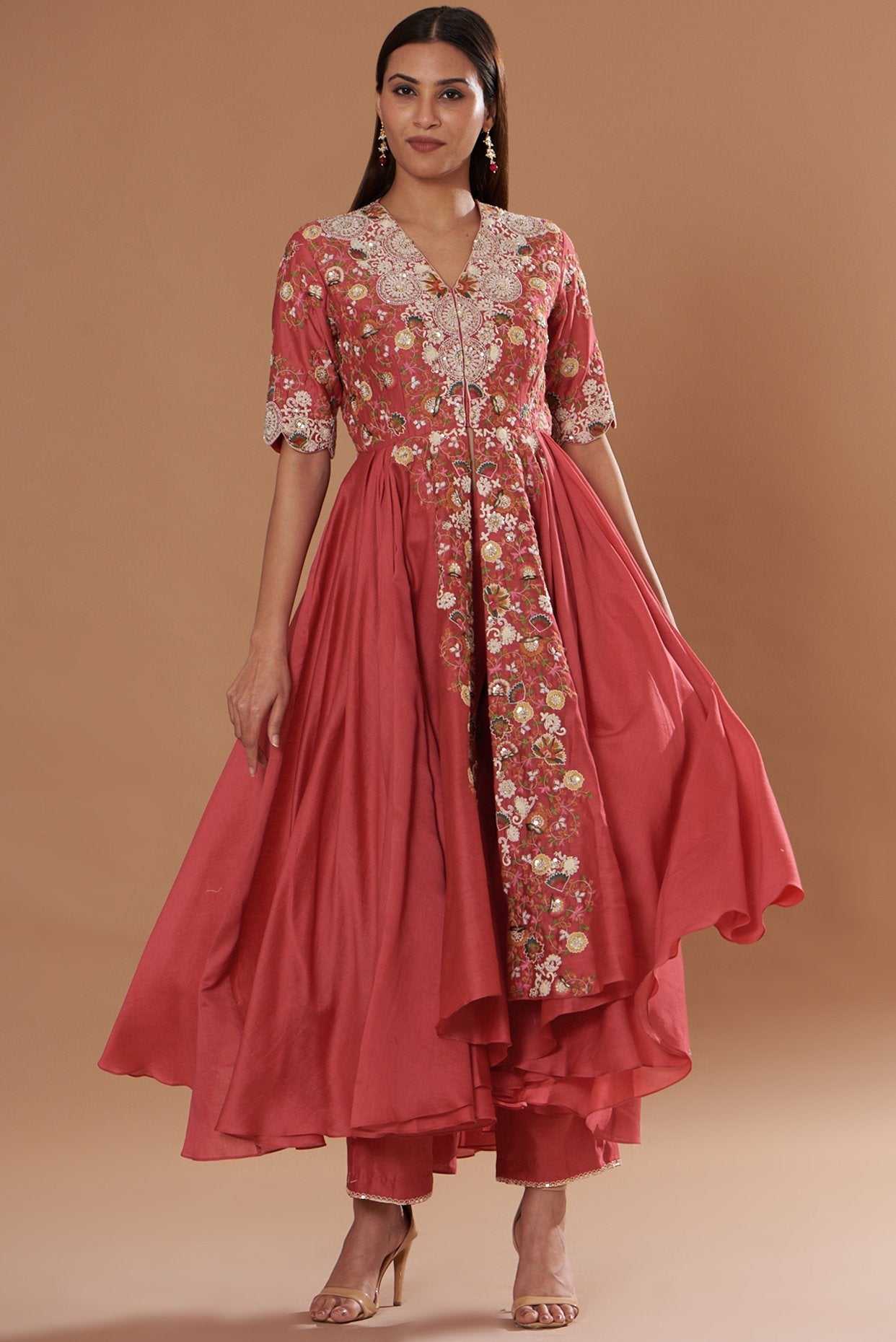 Red Chanderi Embroidered Asymmetrical Kurta Set