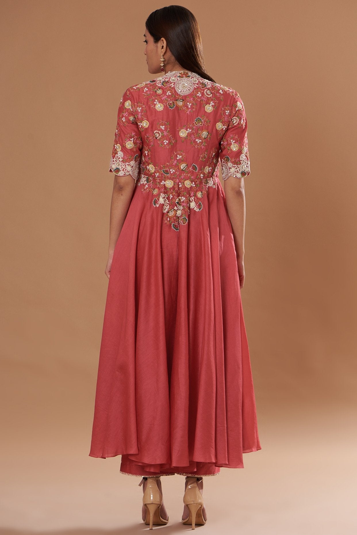 Red Chanderi Embroidered Asymmetrical Kurta Set
