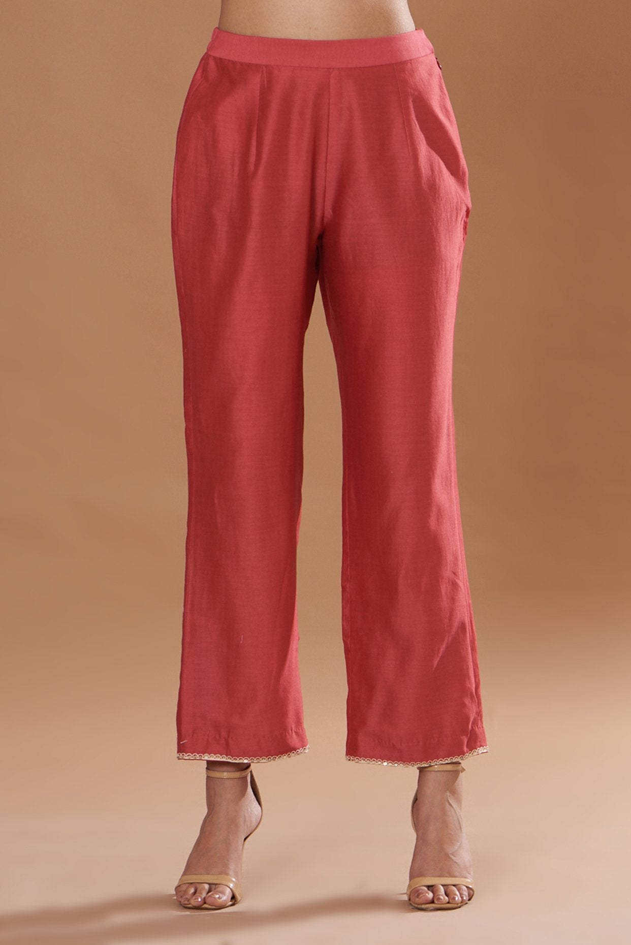 Red Chanderi Embroidered Asymmetrical Kurta Set
