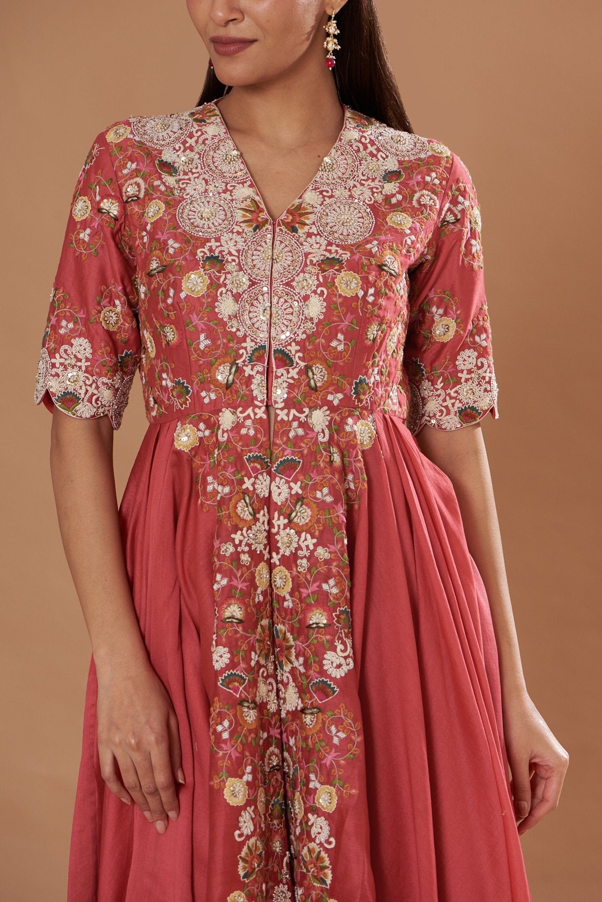 Red Chanderi Embroidered Asymmetrical Kurta Set