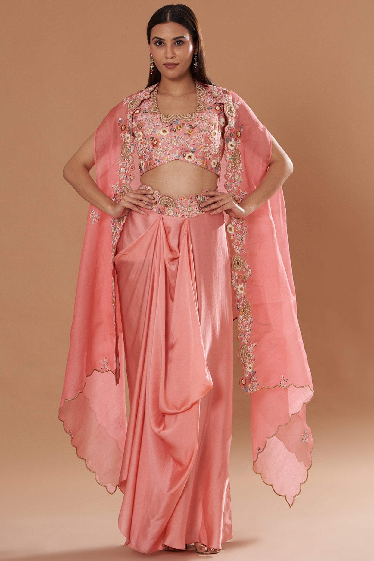 Pink Organza Embroidered Cape Set