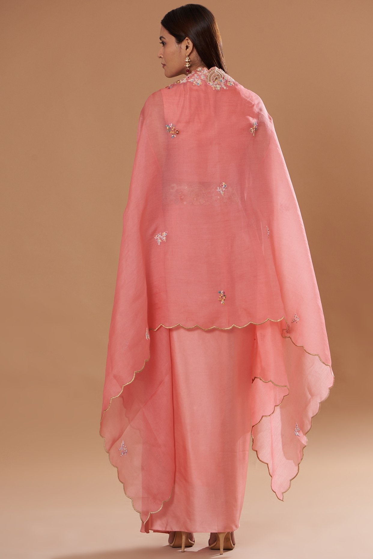 Pink Organza Embroidered Cape Set