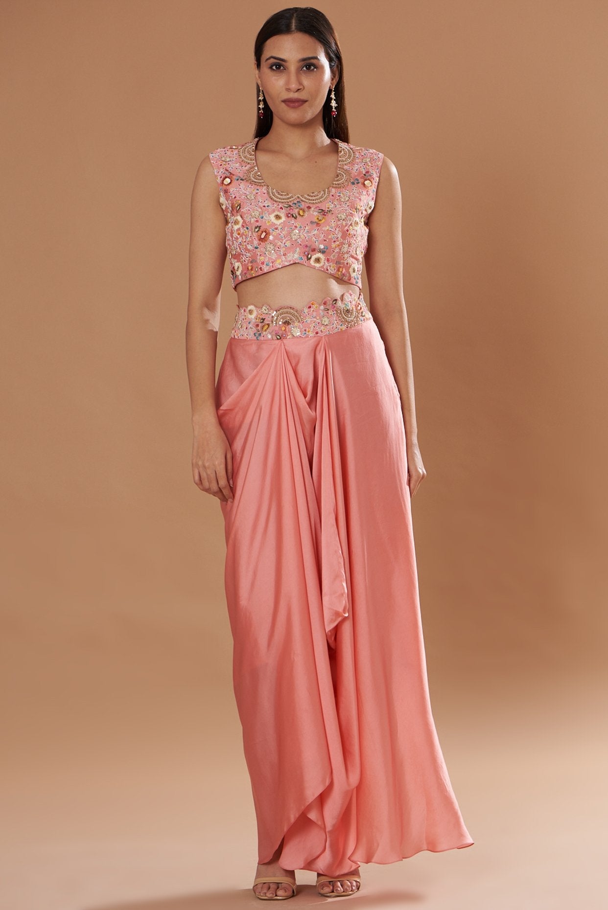 Pink Organza Embroidered Cape Set