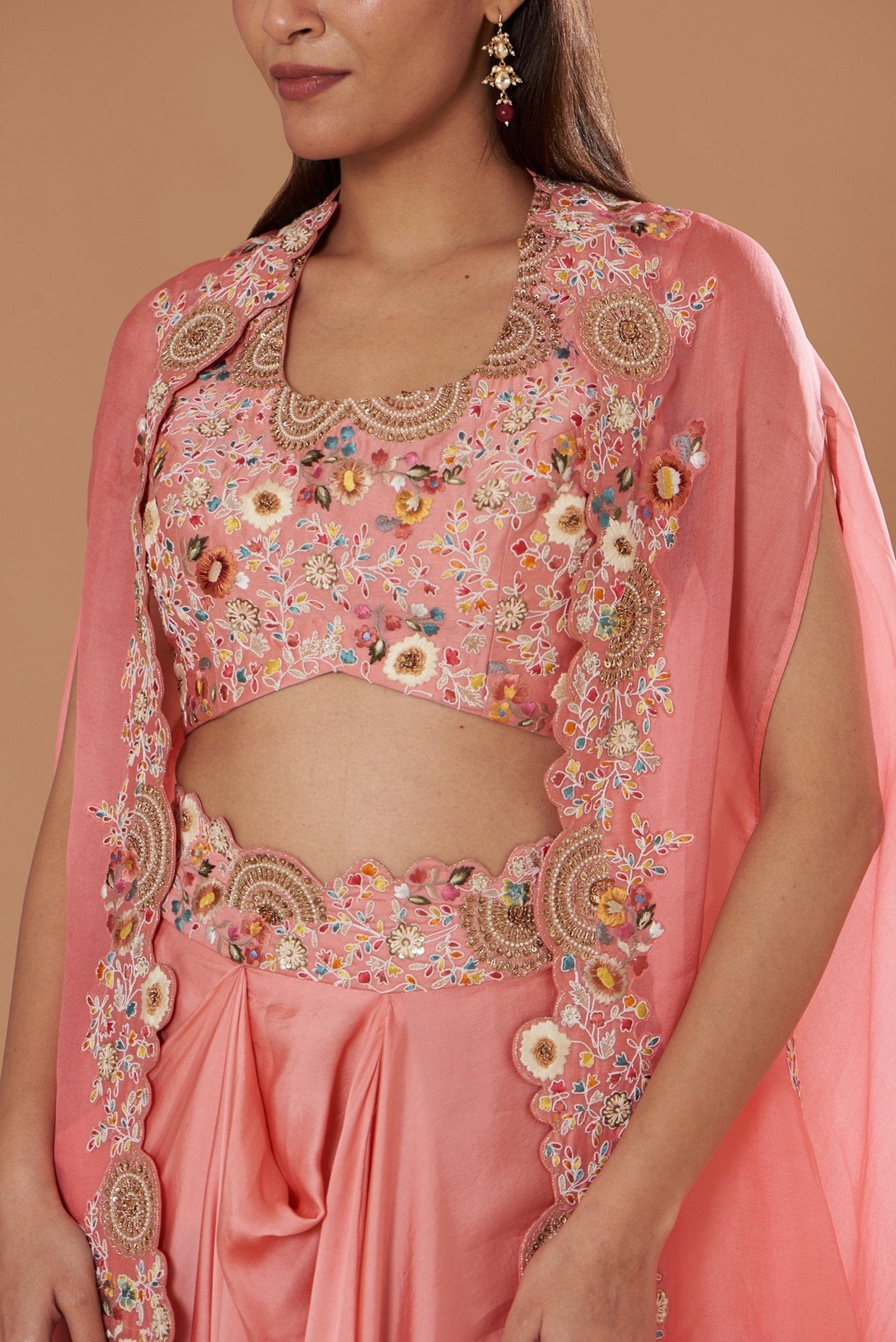 Pink Organza Embroidered Cape Set