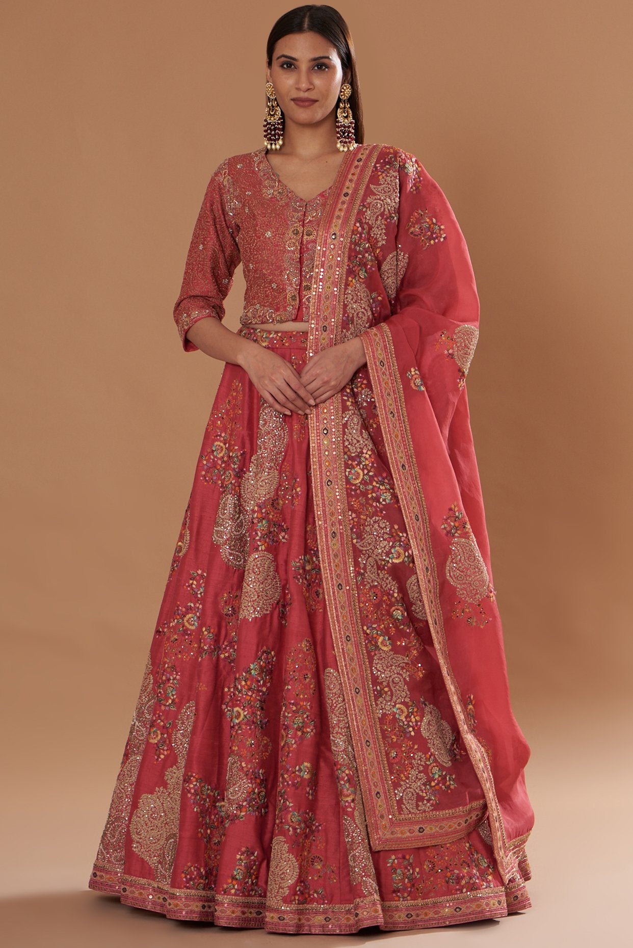 Red Dupion Embroidered Lehenga Set
