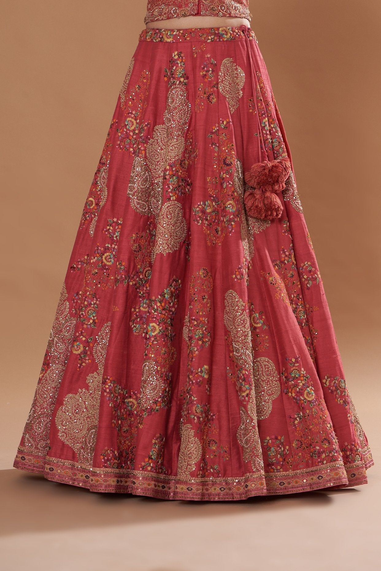 Red Dupion Embroidered Lehenga Set