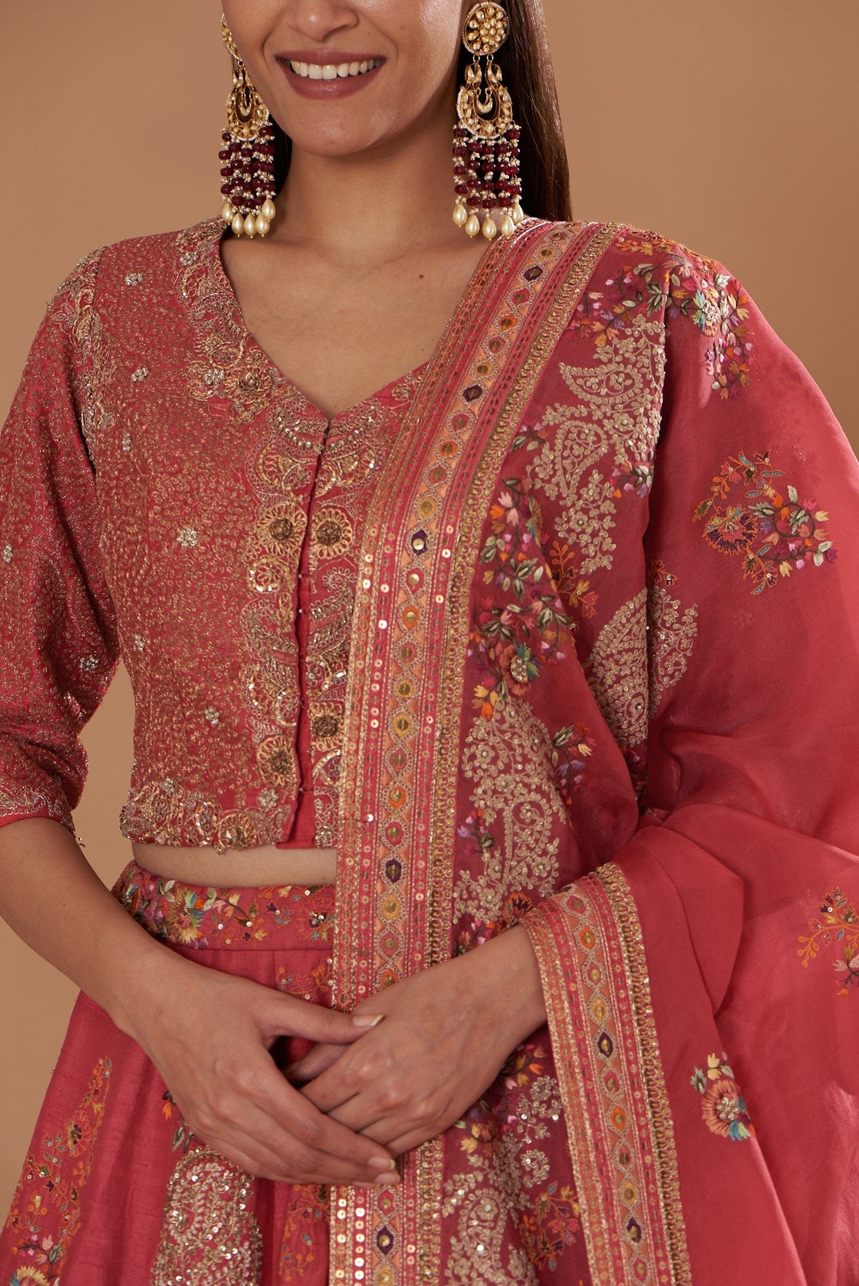 Red Dupion Embroidered Lehenga Set