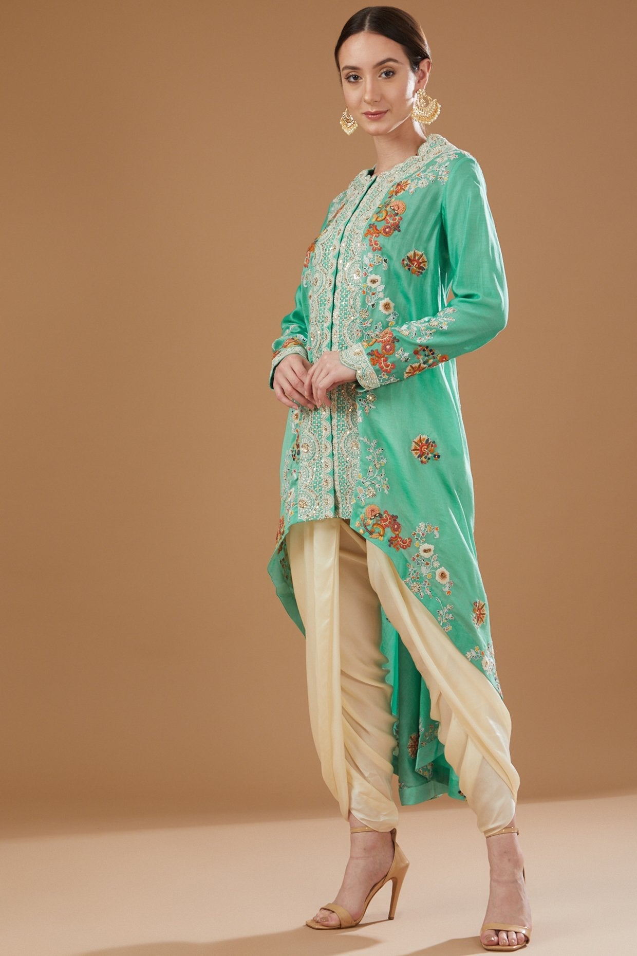 Blue Chanderi High-Low Jacket Set