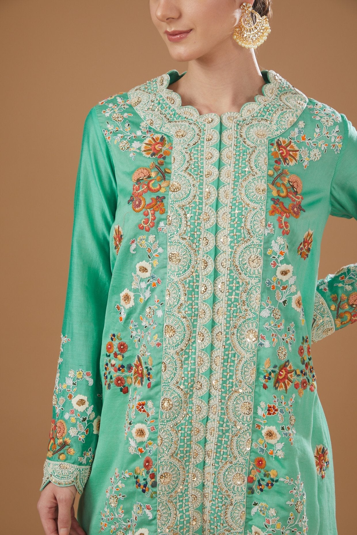 Blue Chanderi High-Low Jacket Set