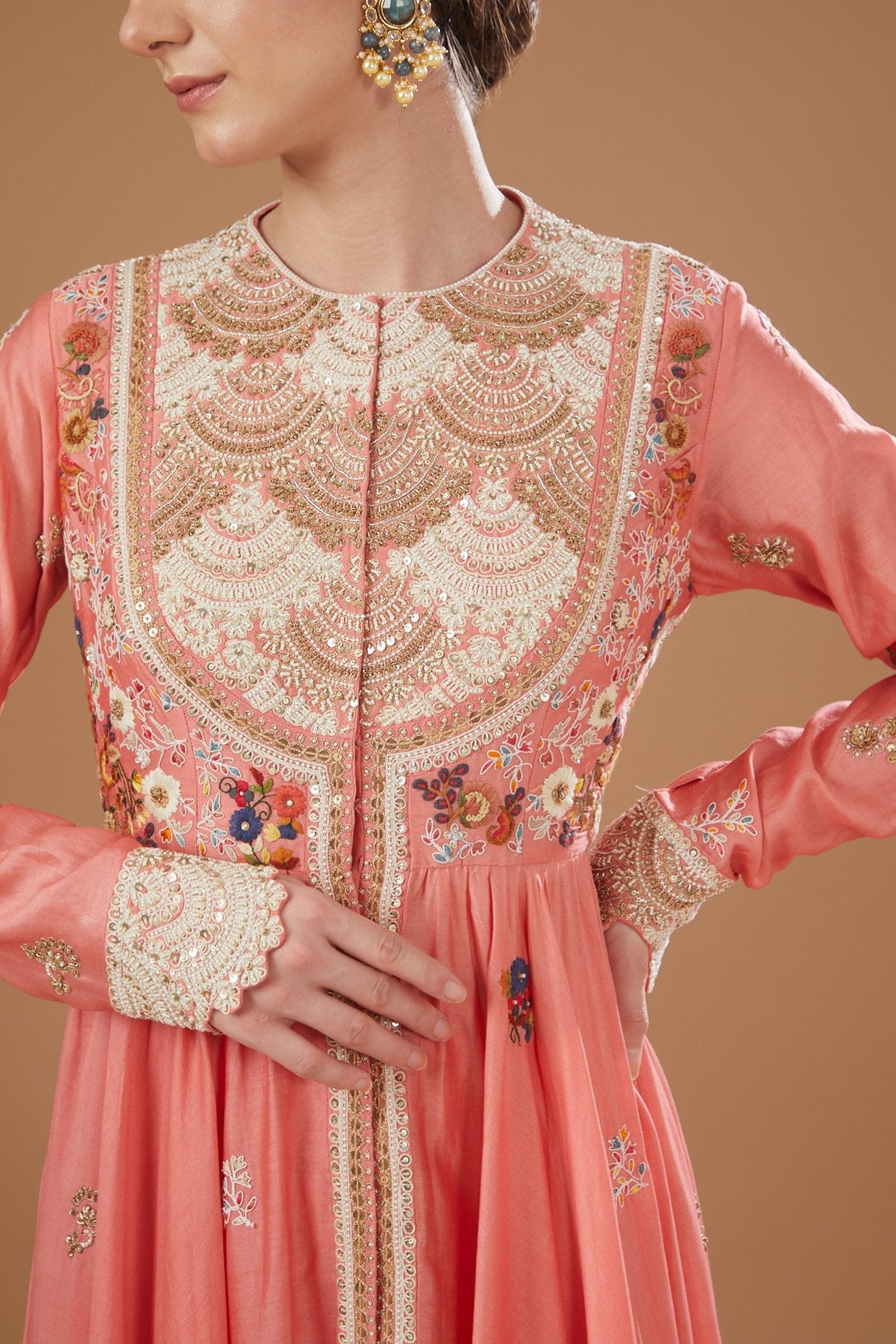 Peach Chanderi Kalidar Anarkali Set