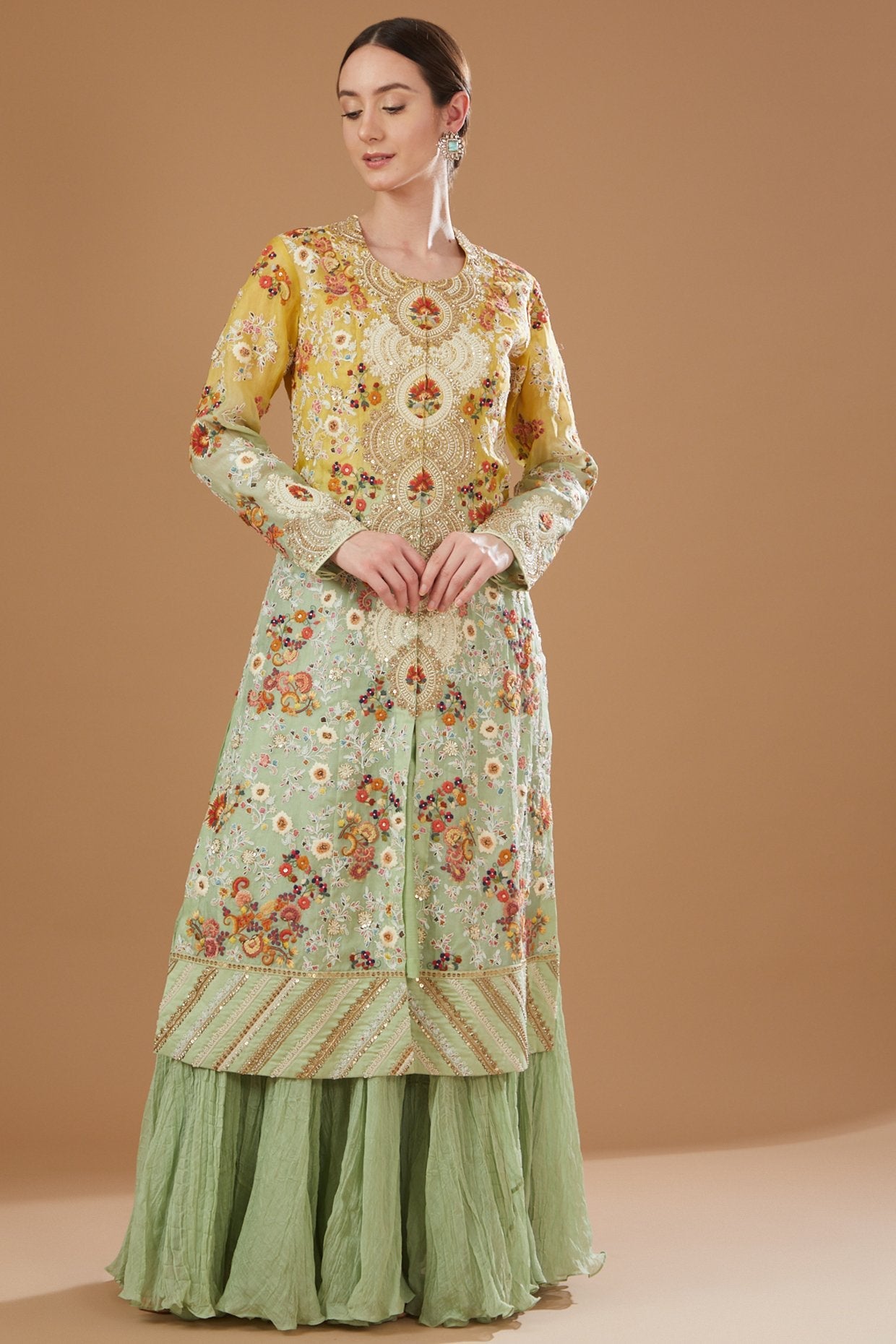 Yellow & Mint Green Ombre Organza Jacket Set