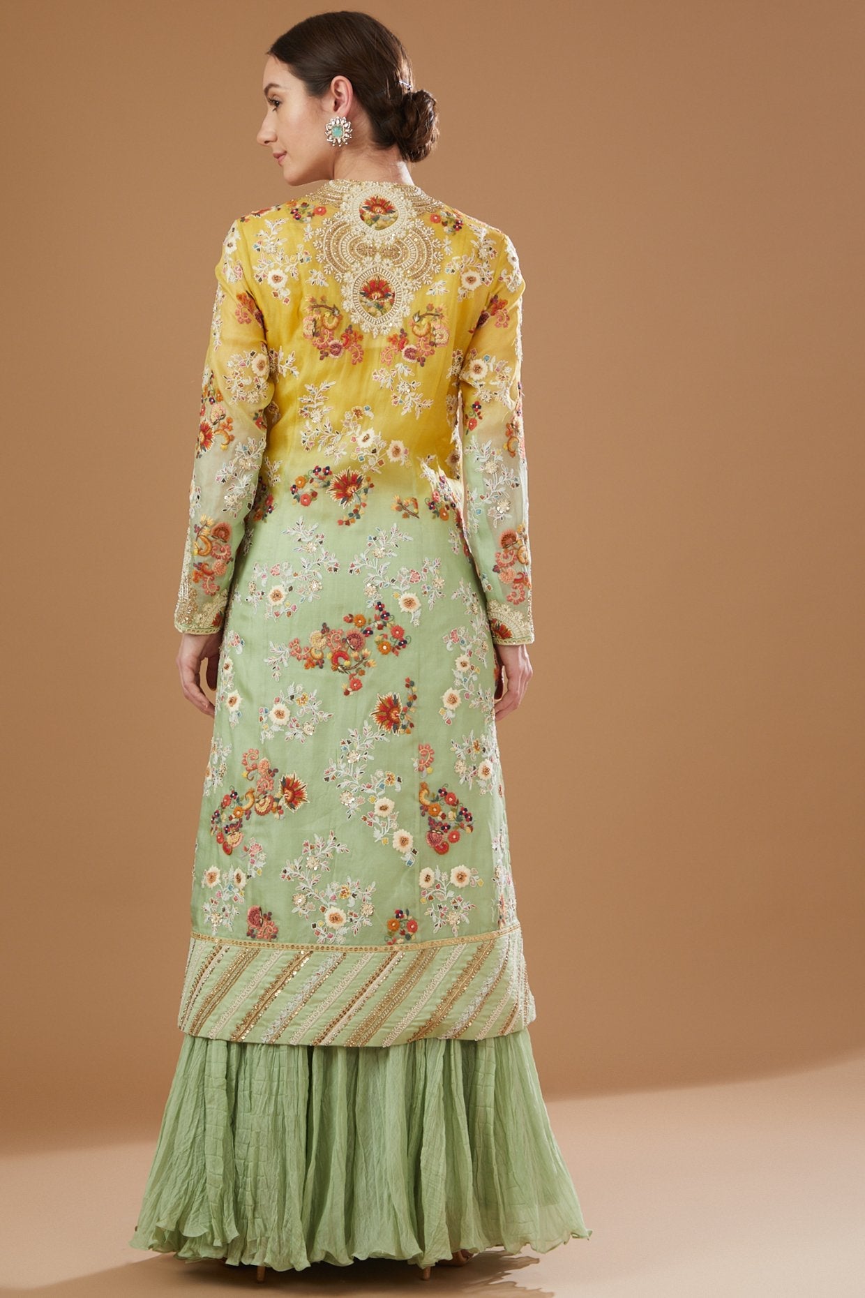 Yellow & Mint Green Ombre Organza Jacket Set