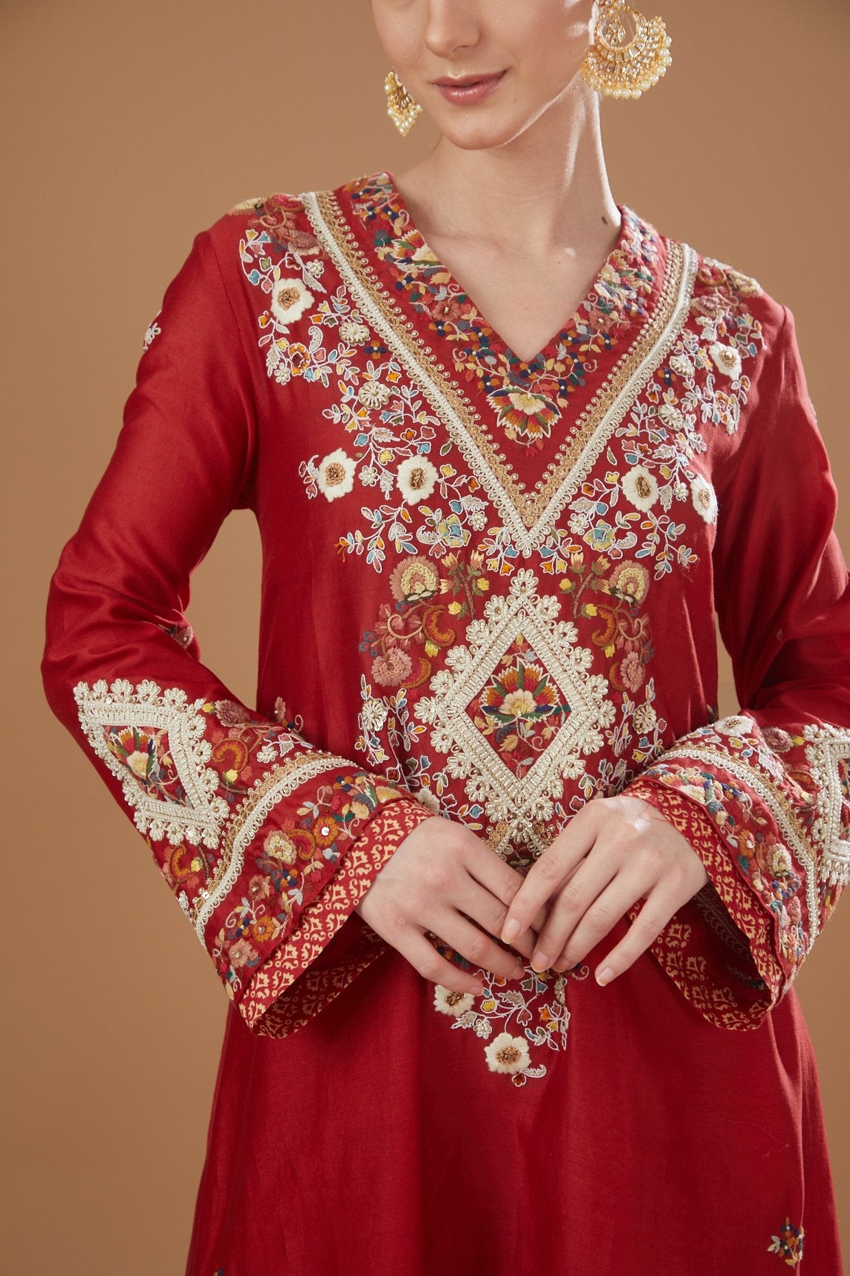 Red Chanderi Embroidered Kurta Set