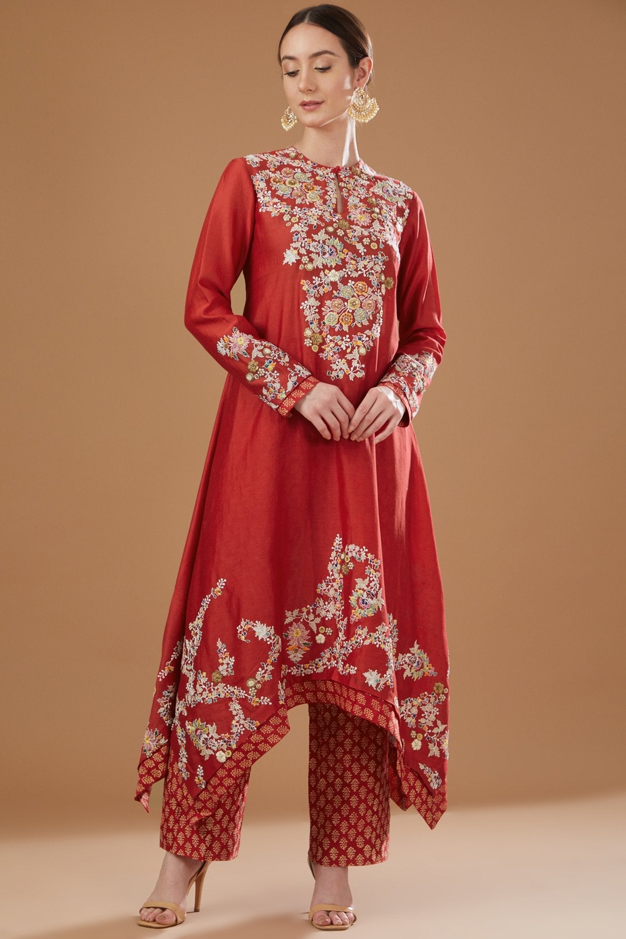 Red Chanderi Embroidered Kurta Set