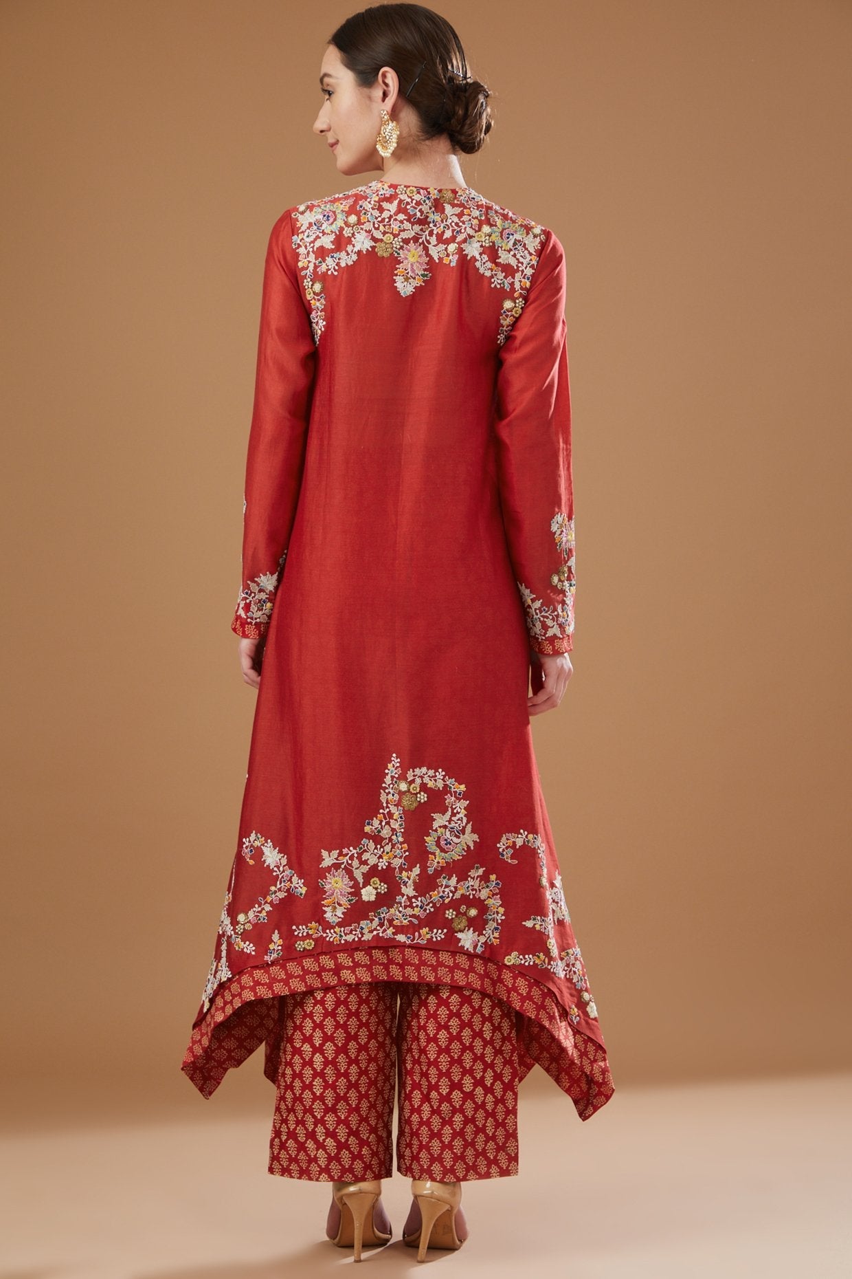 Red Chanderi Embroidered Kurta Set