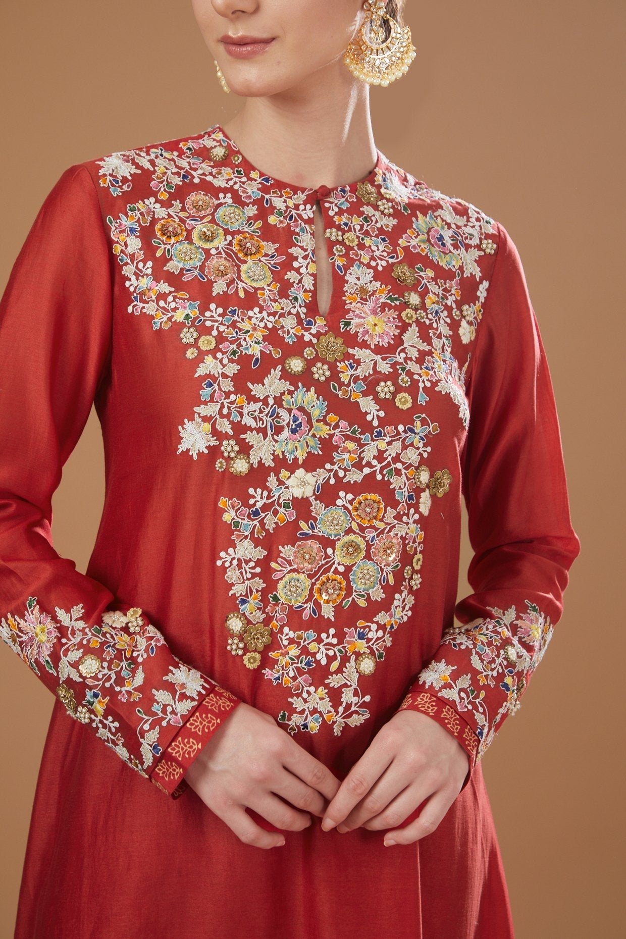 Red Chanderi Embroidered Kurta Set