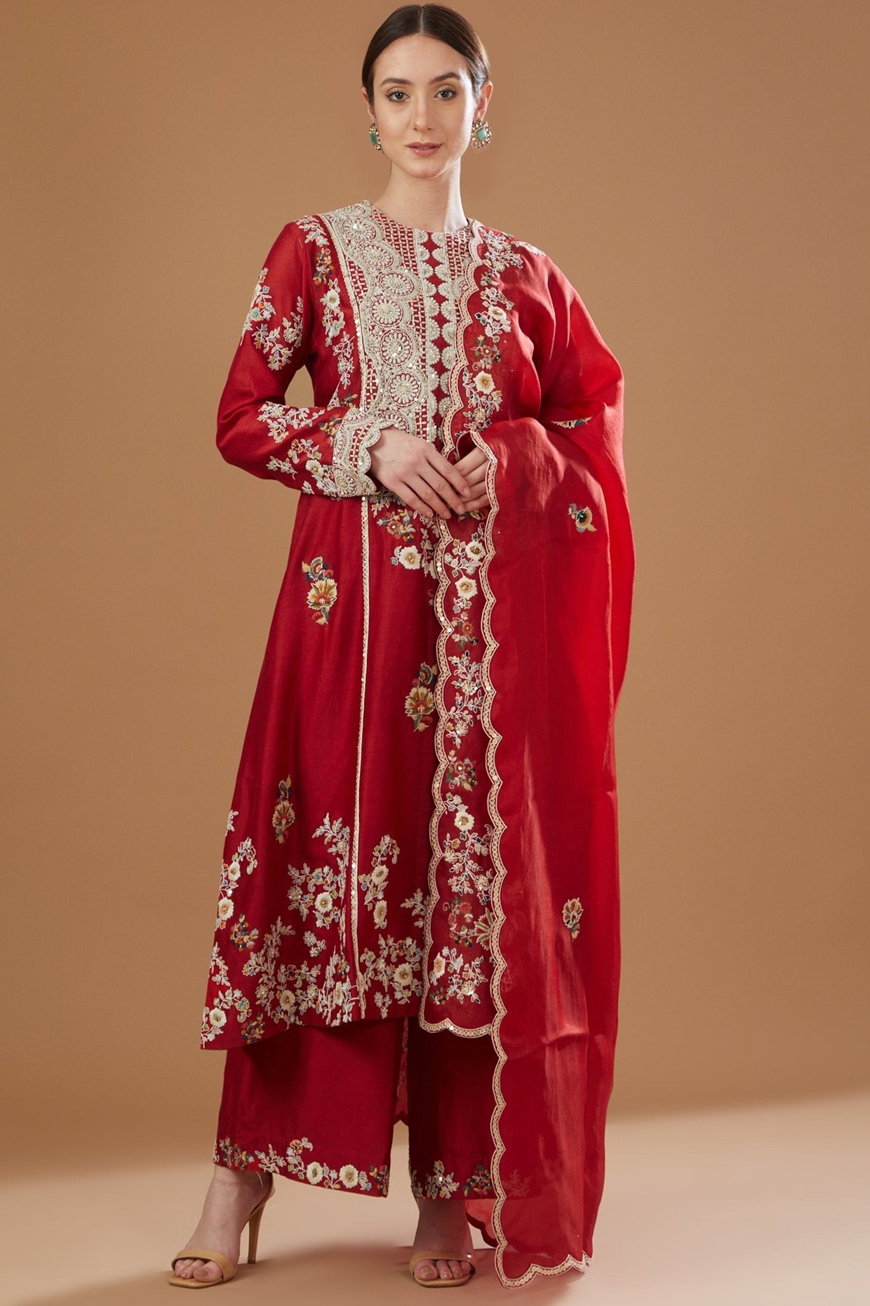 Red Chanderi Embroidered A-Line Kurta Set