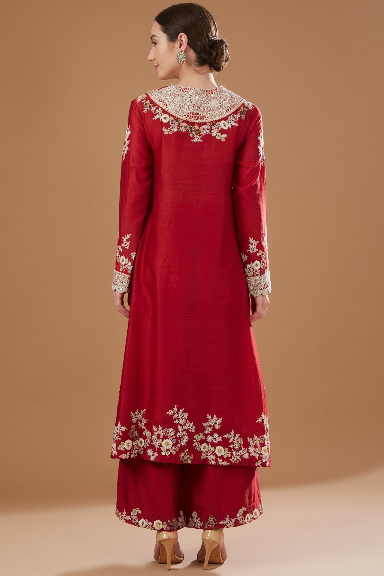 Red Chanderi Embroidered A-Line Kurta Set