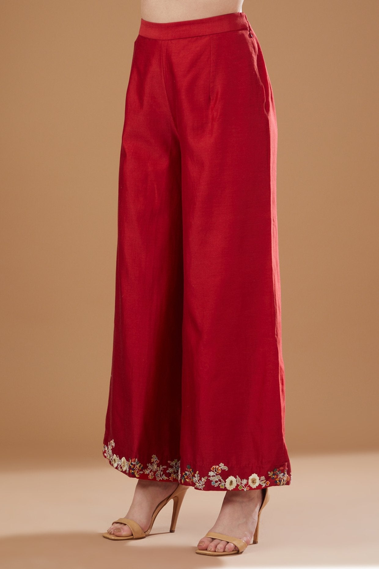 Red Chanderi Embroidered A-Line Kurta Set