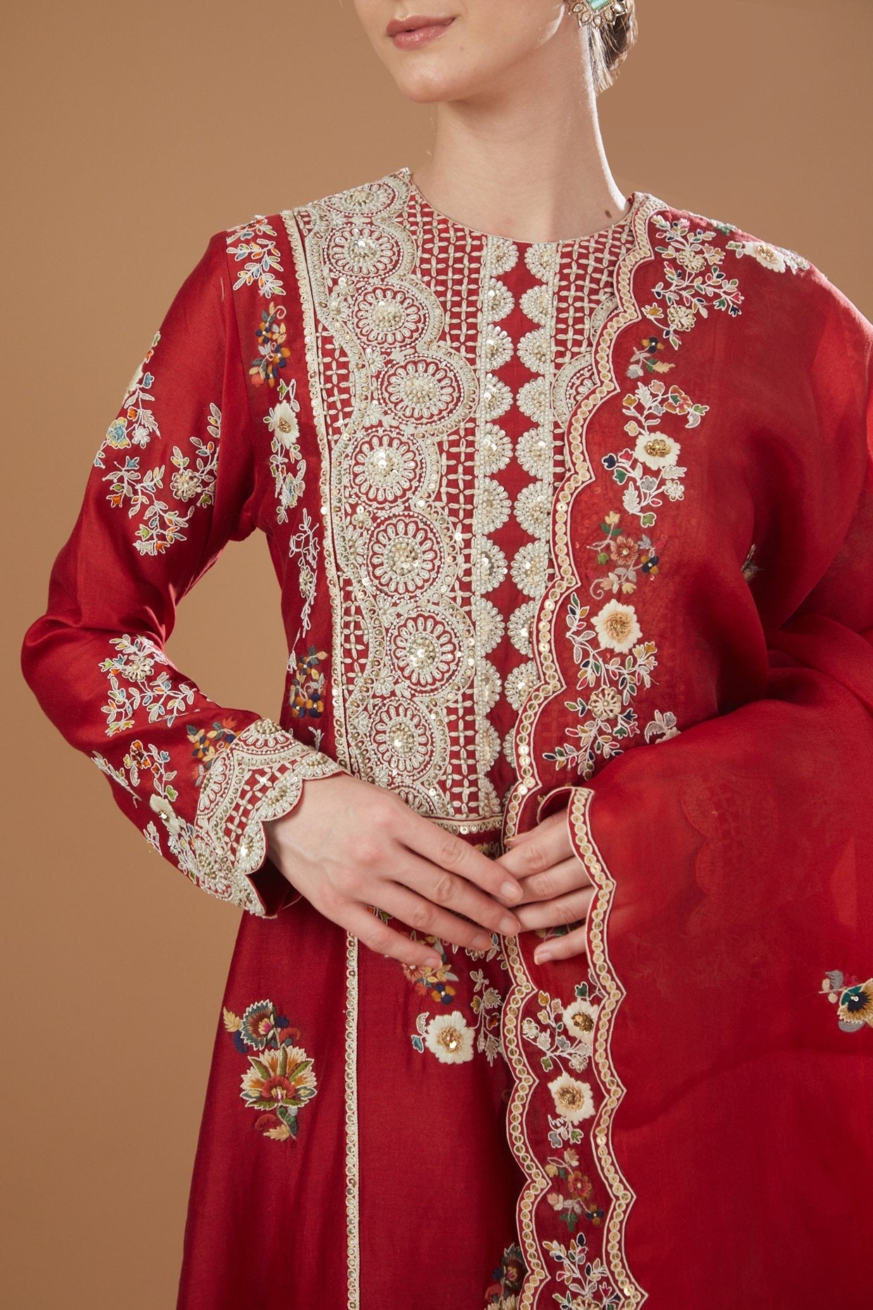 Red Chanderi Embroidered A-Line Kurta Set