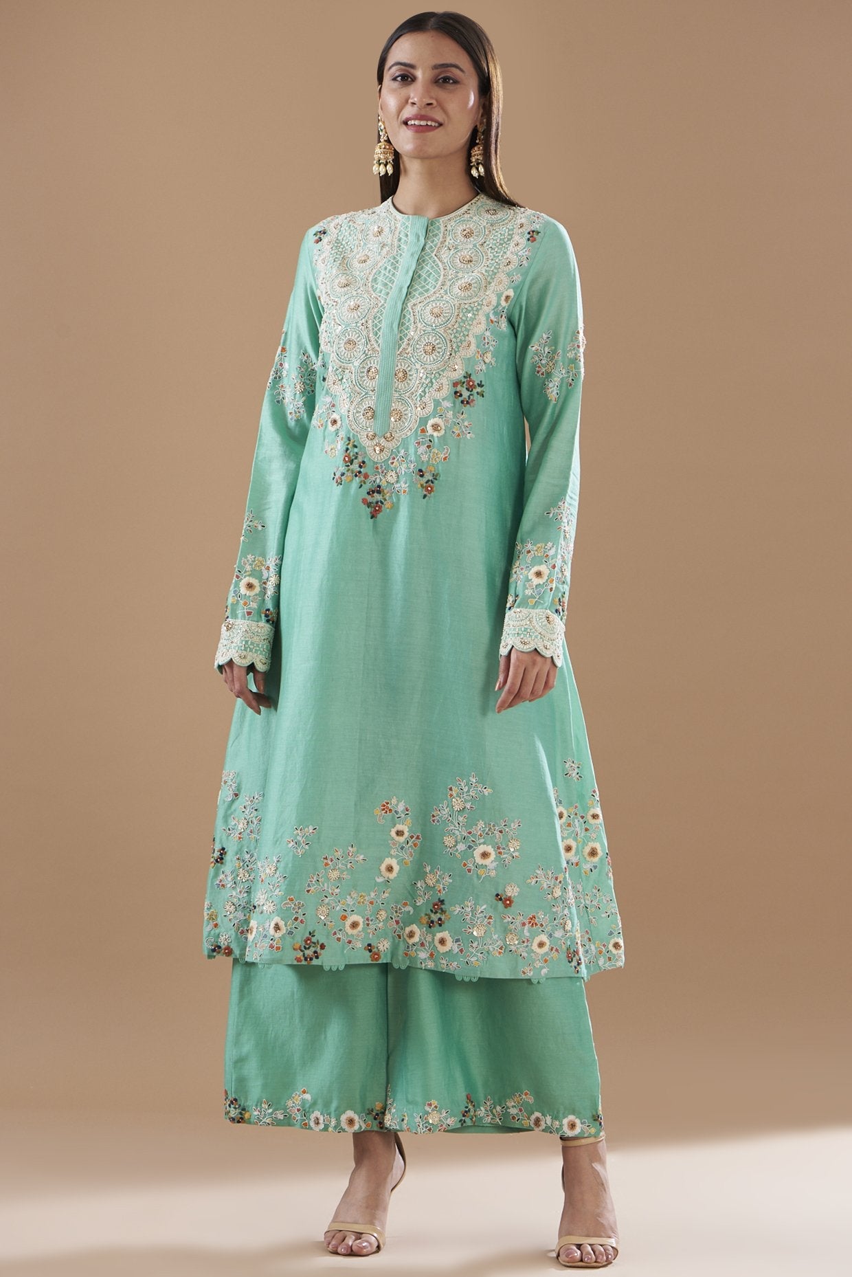 Green Chanderi Embroidered Kurta Set