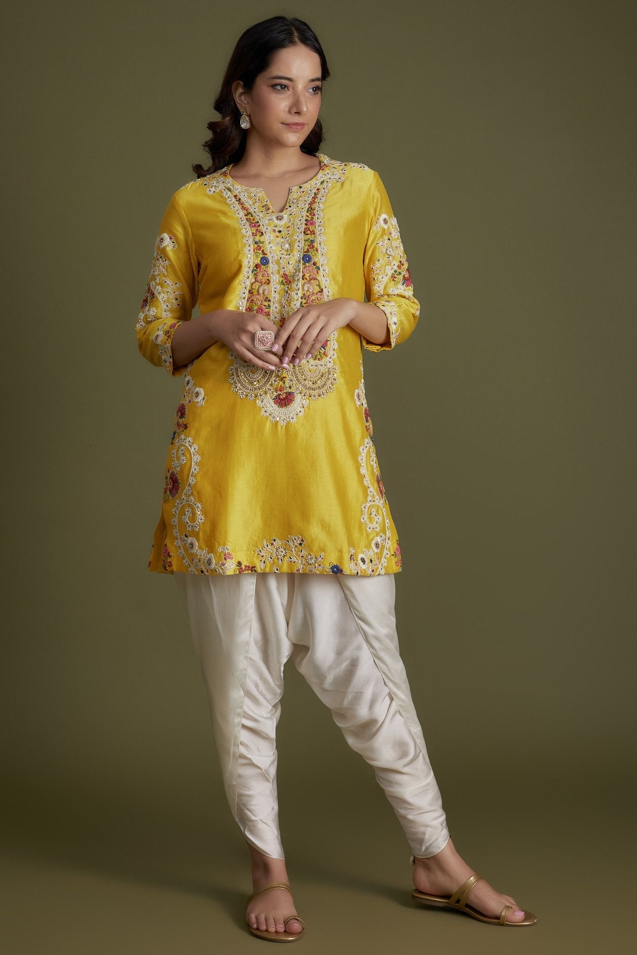 Yellow Chanderi Embroidered Kurta Set