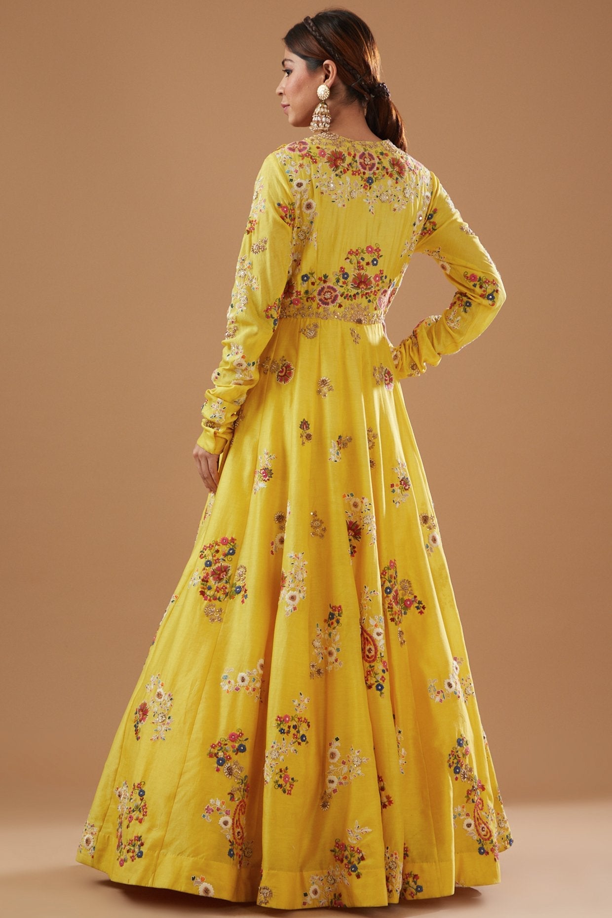 Yellow Chanderi Embroidered Anarkali Set