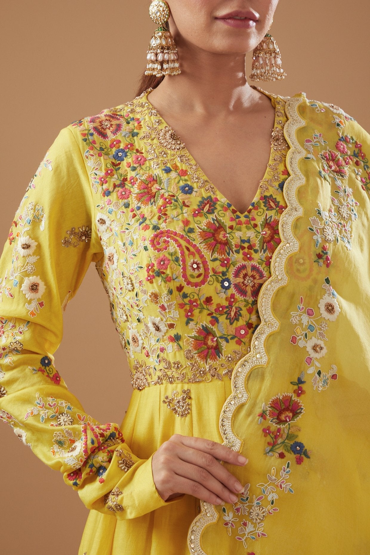 Yellow Chanderi Embroidered Anarkali Set