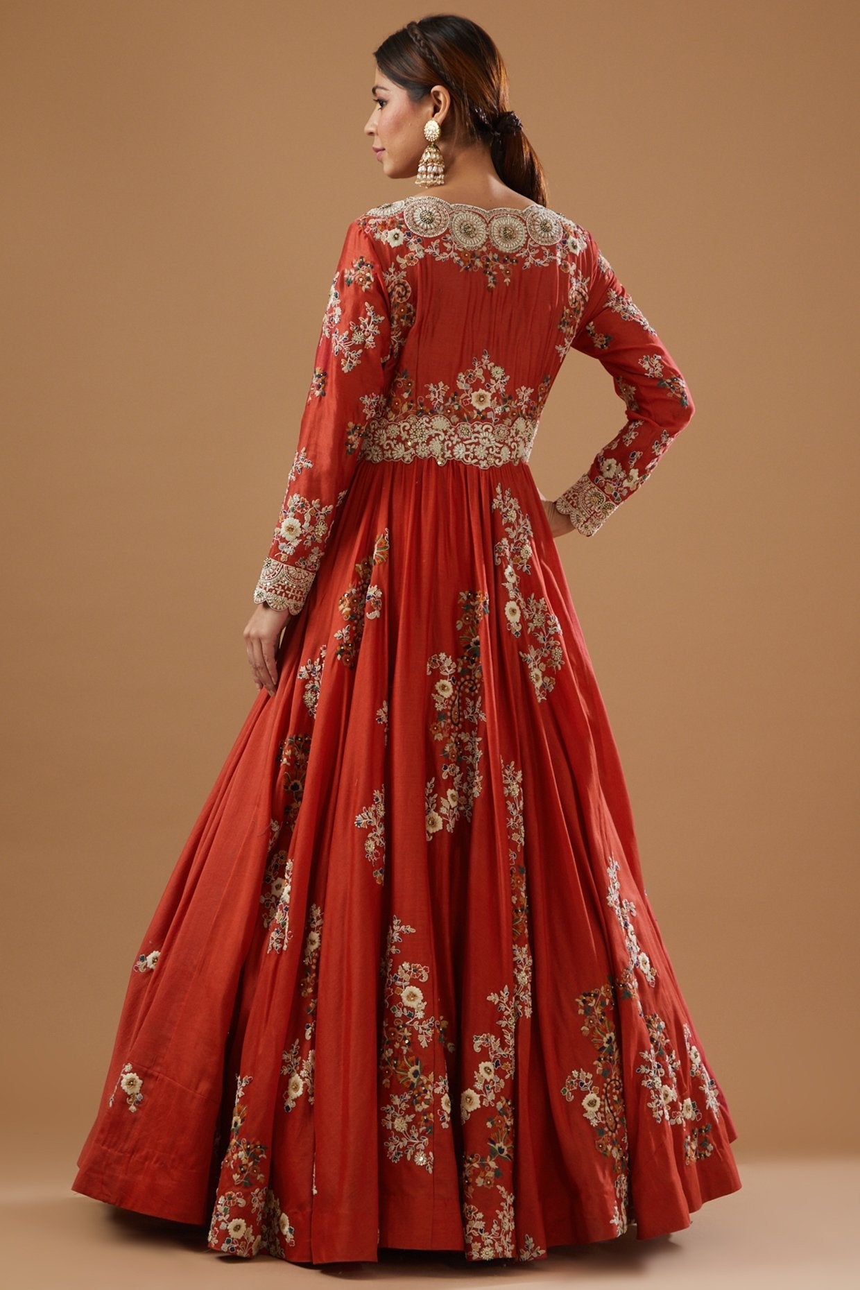 Red Chanderi Embroidered Anarkali Set