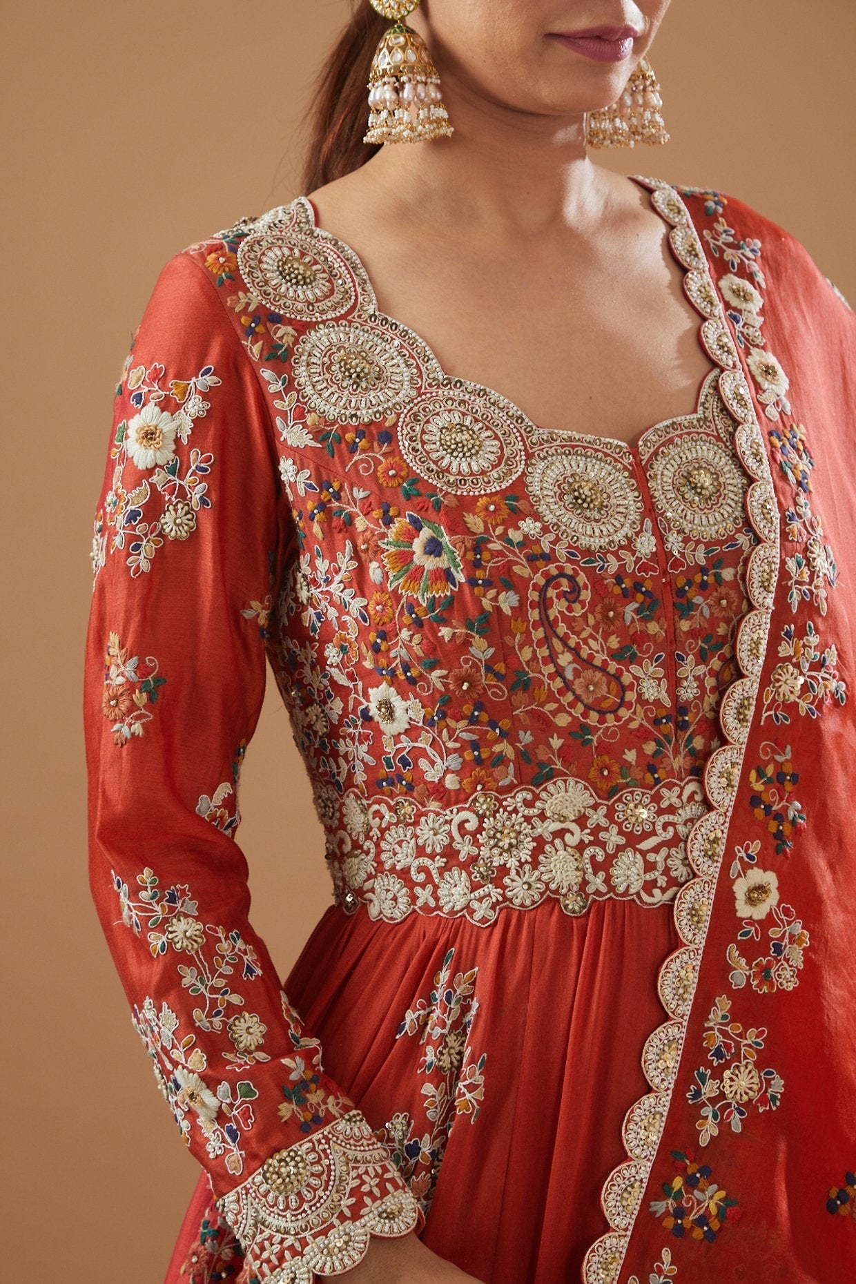 Red Chanderi Embroidered Anarkali Set