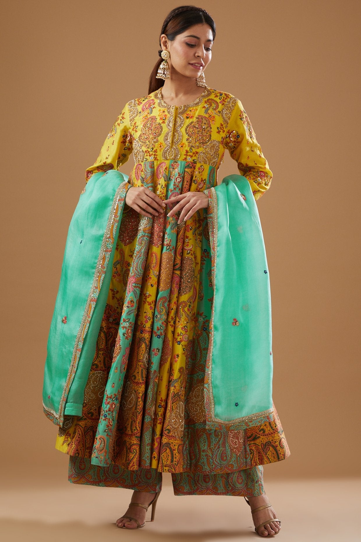 Yellow Chanderi Printed Anarkali Set