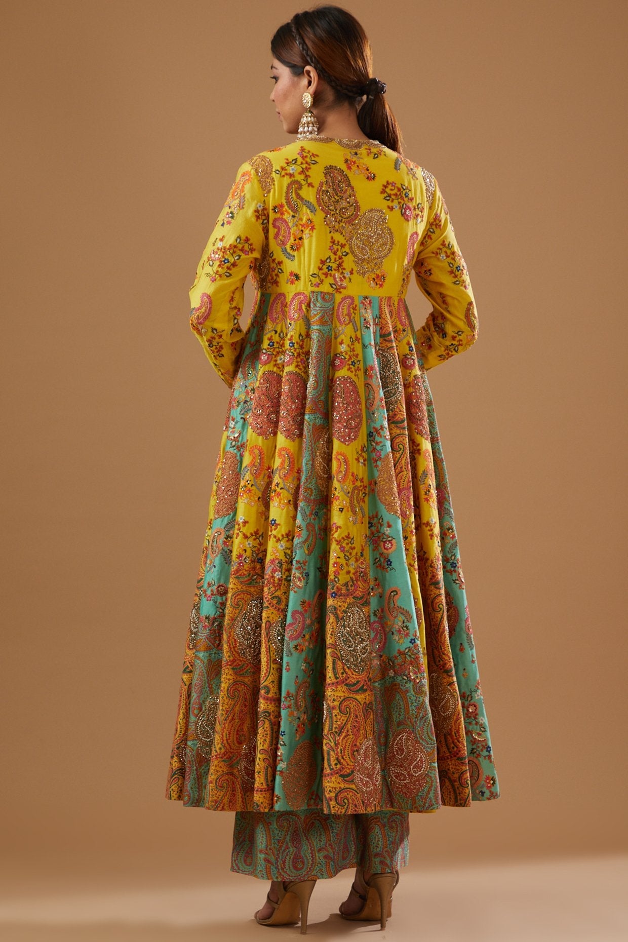 Yellow Chanderi Printed Anarkali Set