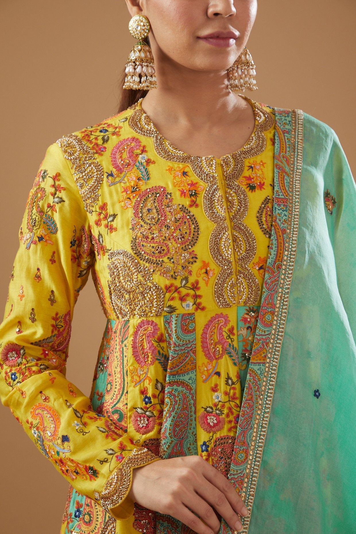 Yellow Chanderi Printed Anarkali Set