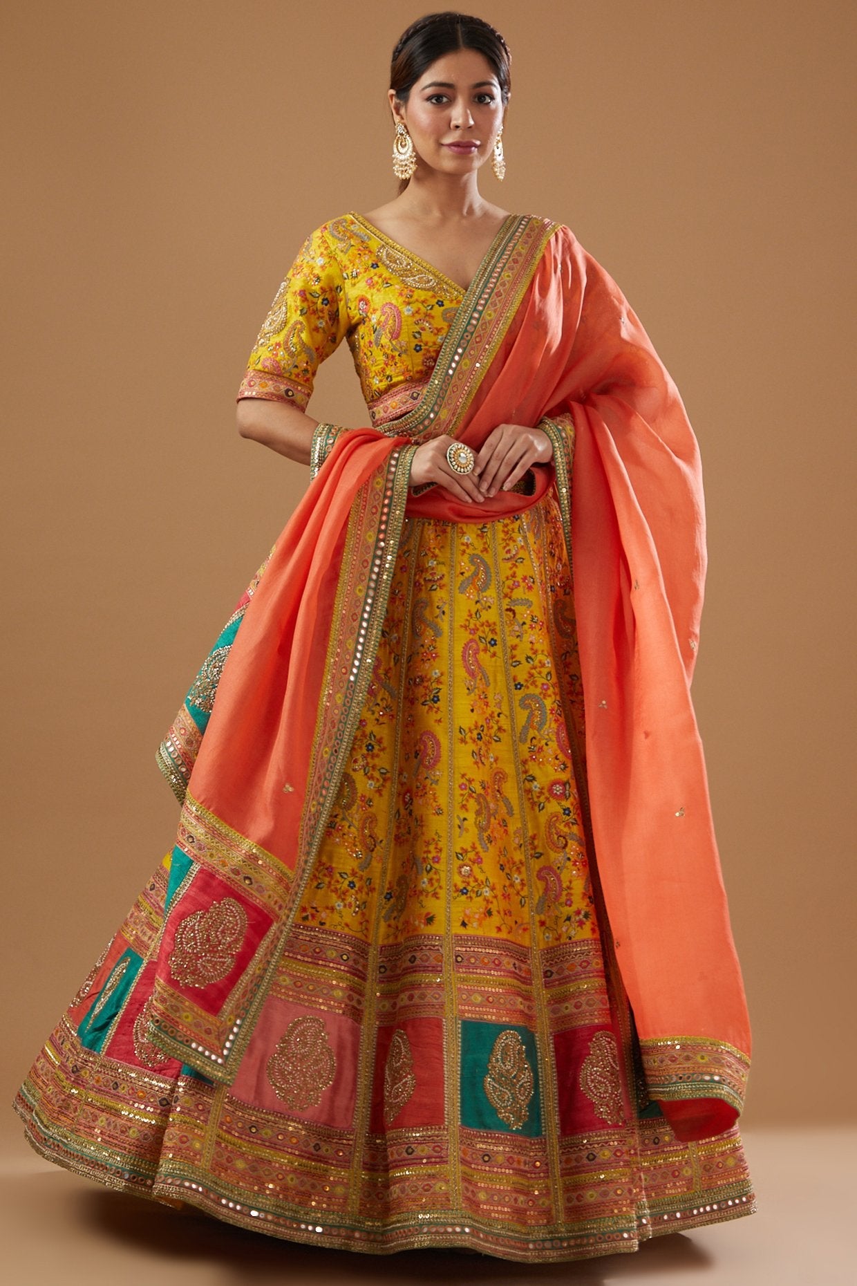 Yellow Dupion Printed & Embroidered Lehenga Set
